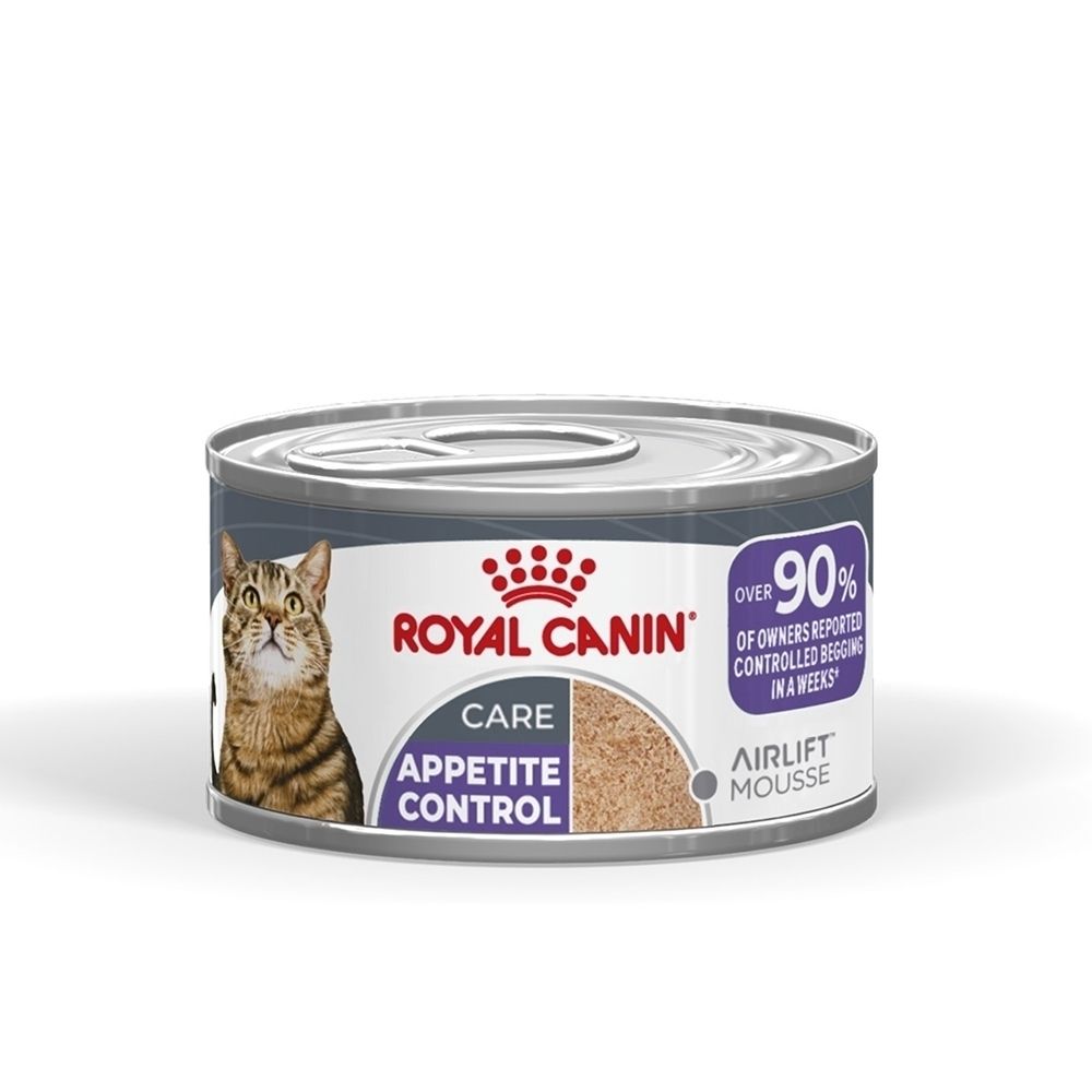Une boîte de nourriture pour chat Royal Canin, saveur Appetite Control, avec une image de chat et des informations produit.