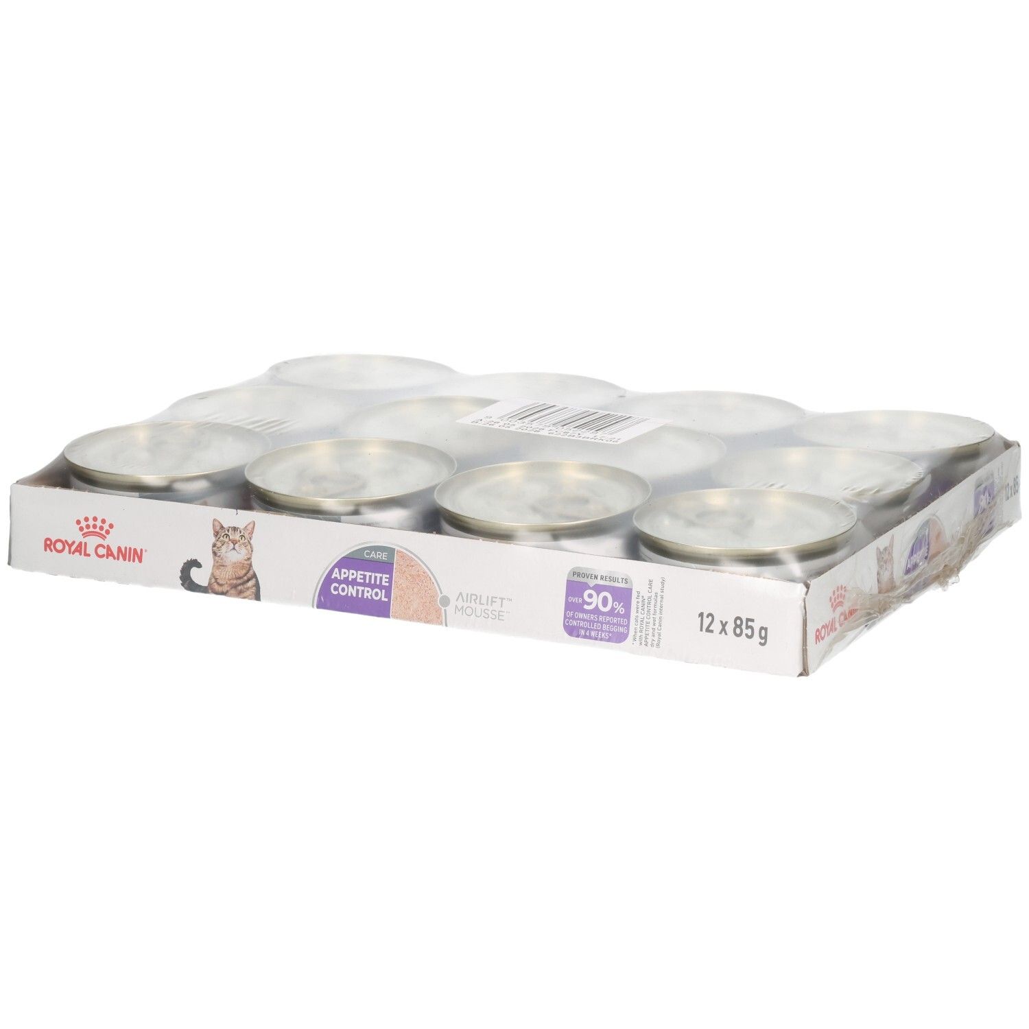 Douze boîtes de Royal Canin FCN Appetite Control Mousse en carton.