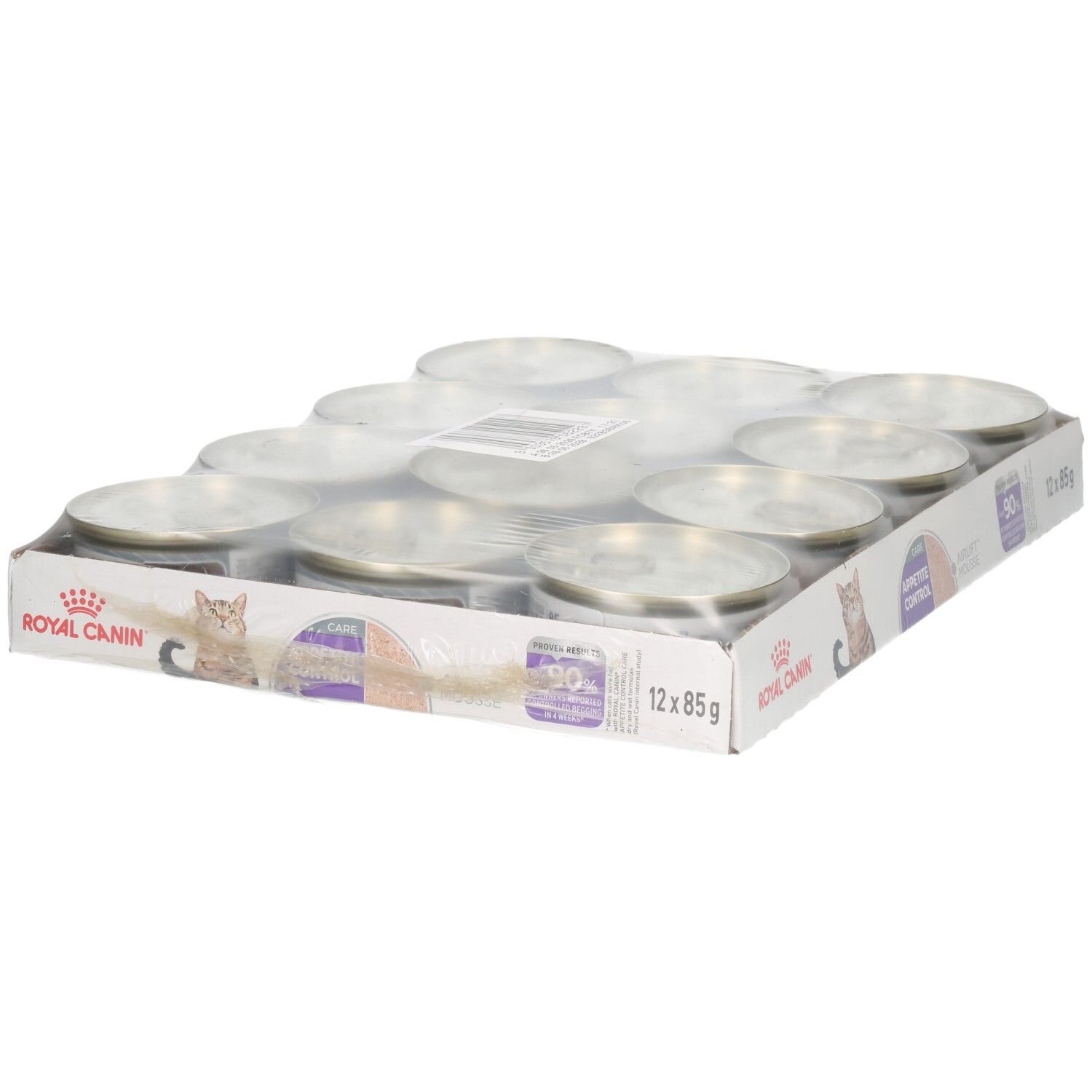Douze boîtes de Royal Canin FCN Appetite Control Mousse en carton.