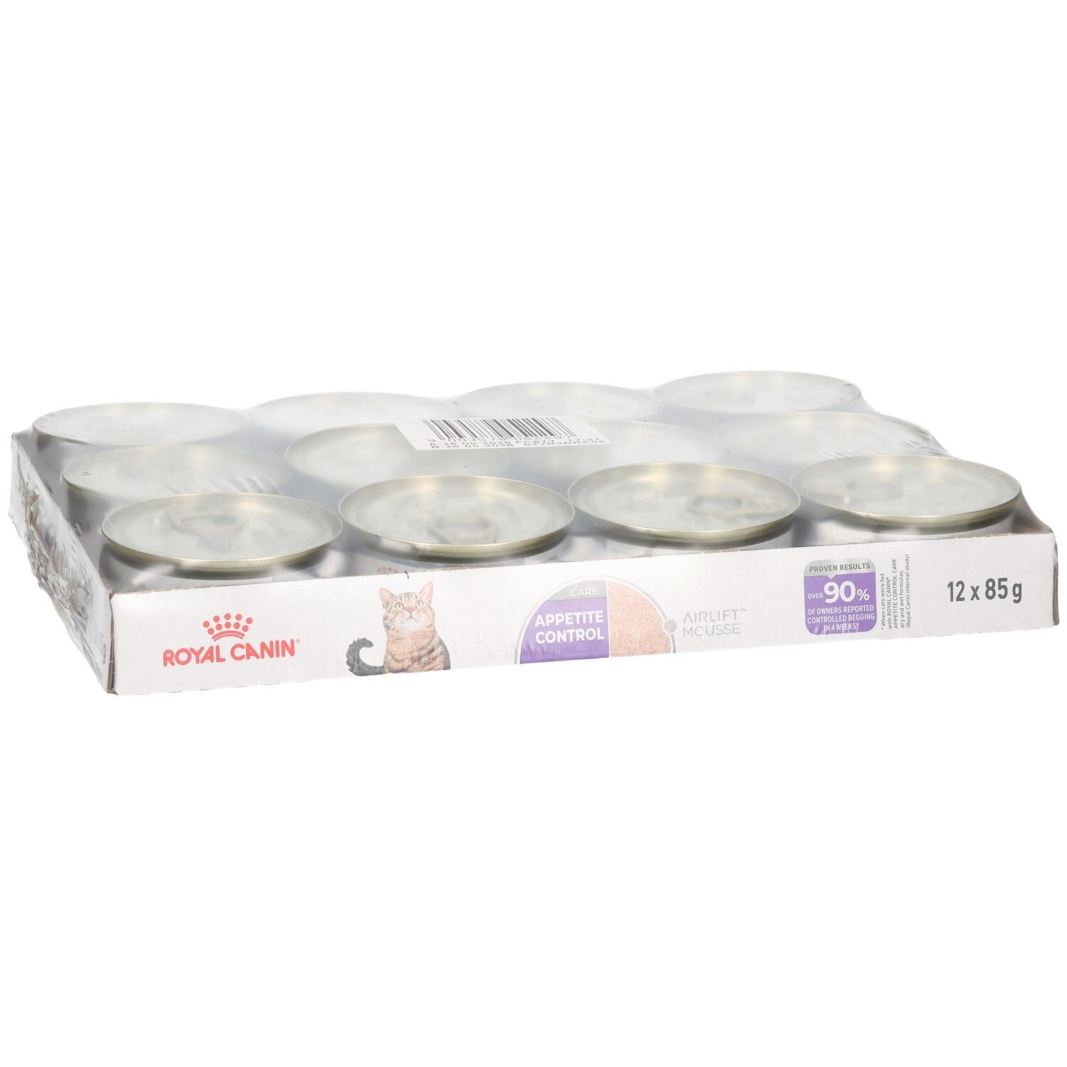 Douze boîtes de Royal Canin FCN Appetite Control Mousse en carton.
