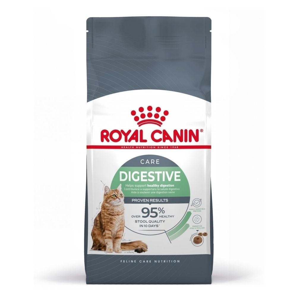 Croquettes Royal Canin pour chat, formule Digestive Care. Image de chat et texte 'Digestive Care'.