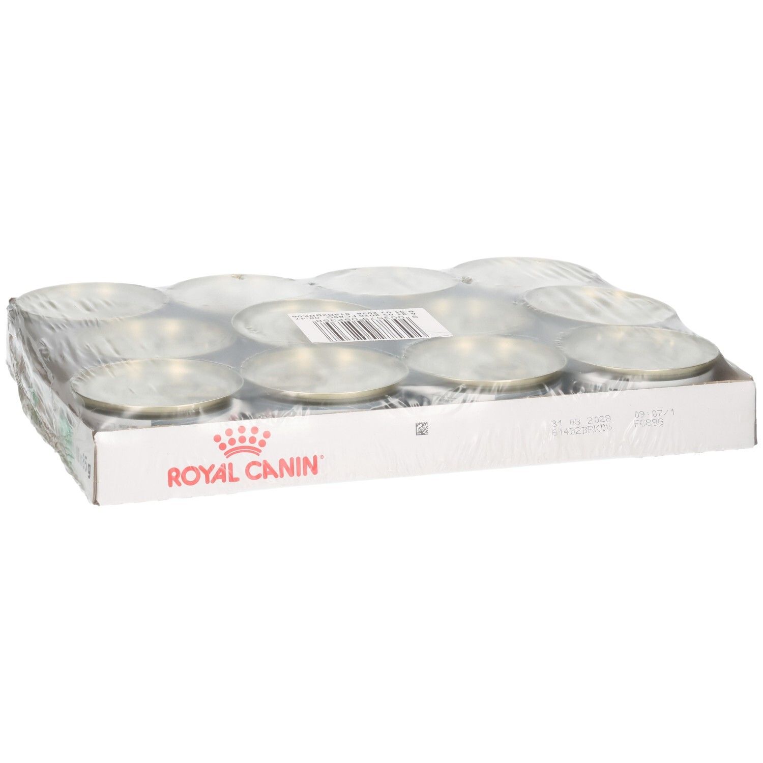 Douze boîtes de mousse Royal Canin Digestive Care, 85g par boîte.