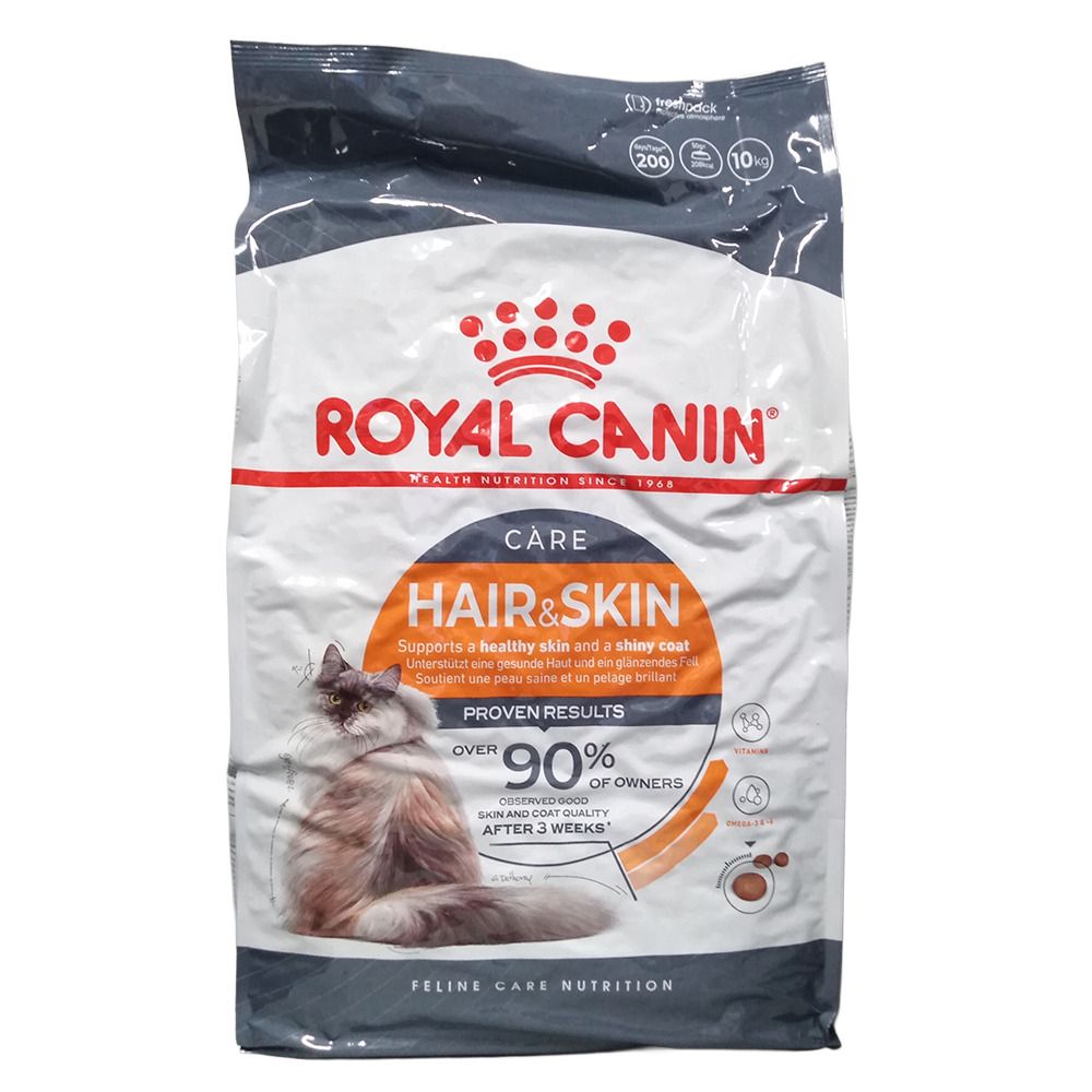 Sac de croquettes Royal Canin Feline Hair & Skin Care avec image de chat et informations produit.
