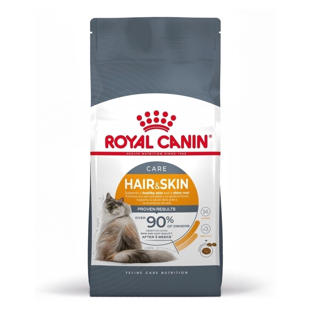 Sac de nourriture pour chat Royal Canin Hair & Skin avec image de chat et texte sur les soins du pelage et de la peau.