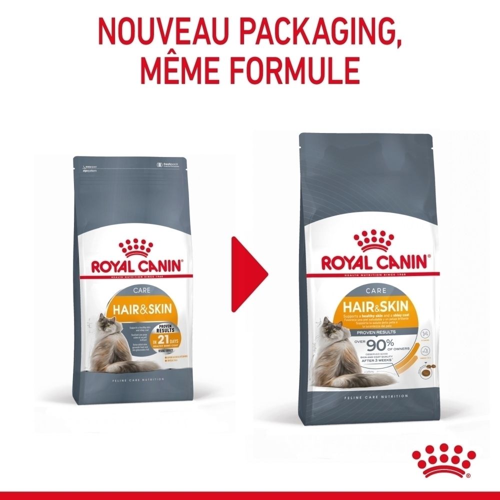 Deux paquets de nourriture pour chat Royal Canin Hair & Skin comparés. Nouveau packaging, même formule.