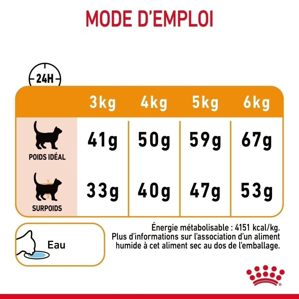 Tableau de rationnement pour chats : Poids idéal et surpoids, avec quantités pour 3-6kg. Inclut un symbole d'eau.