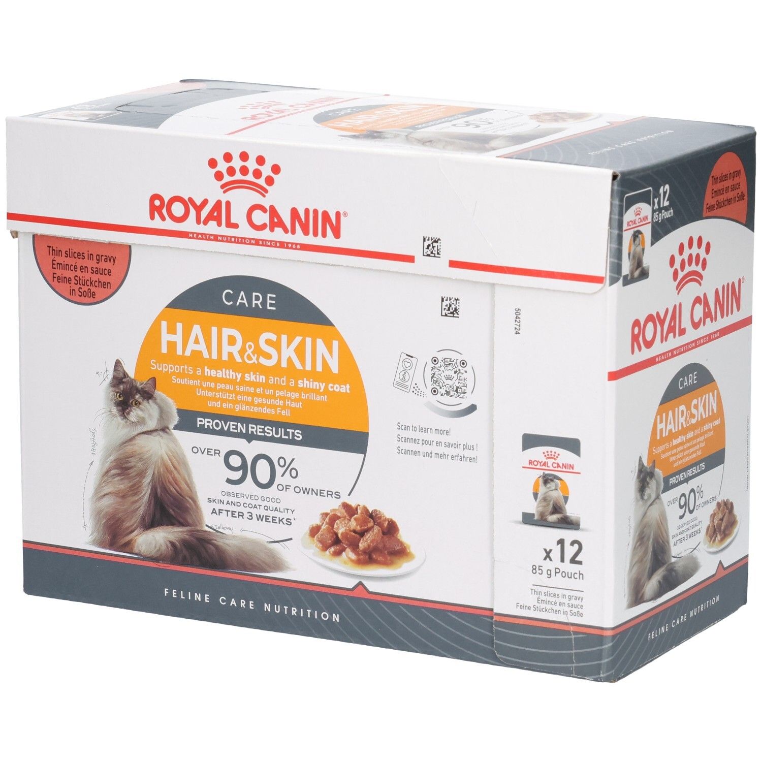 Boîte de 12 sachets de 85g de nourriture Royal Canin Hair & Skin pour chats.