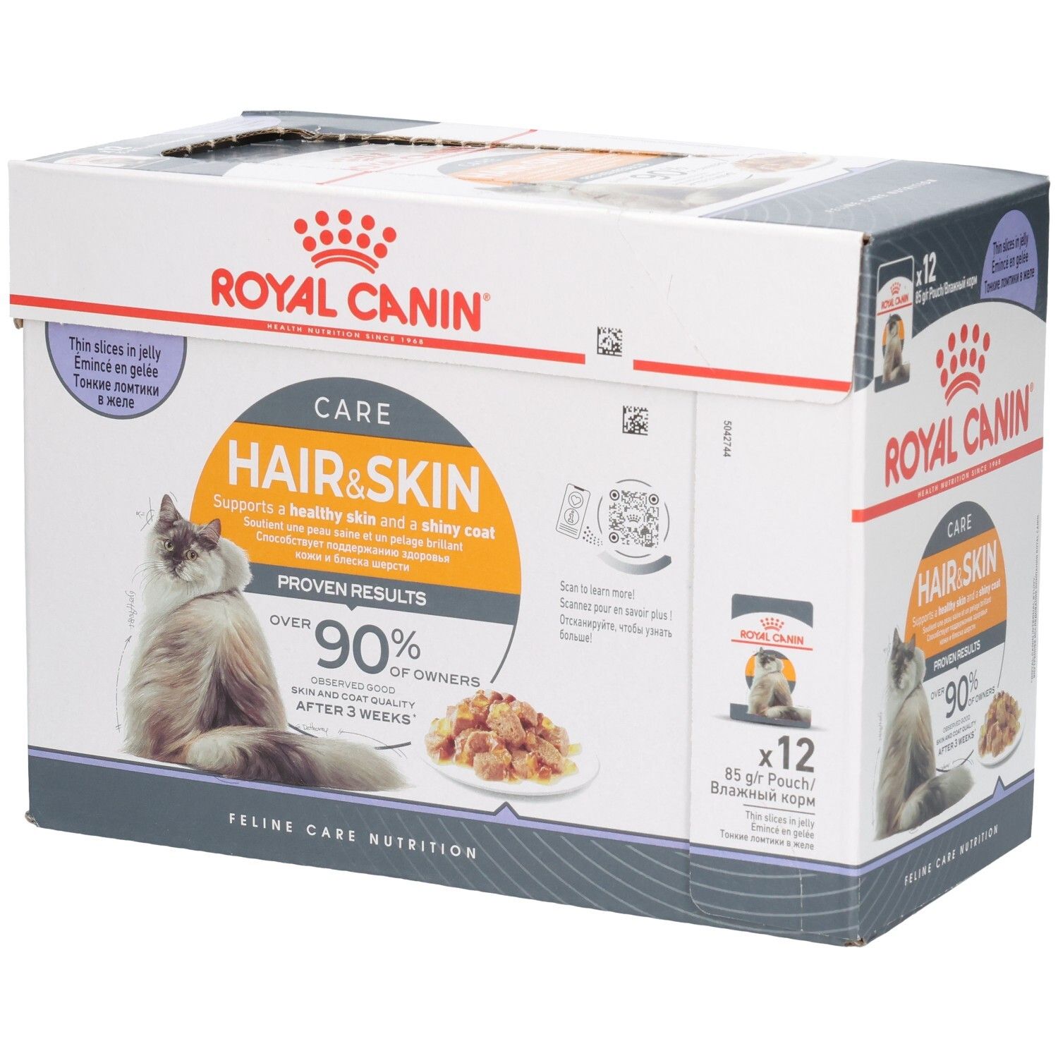 Boîte de nourriture Royal Canin Hair & Skin pour chats, 12 sachets de 85g. Montre un chat et une gamelle de nourriture.