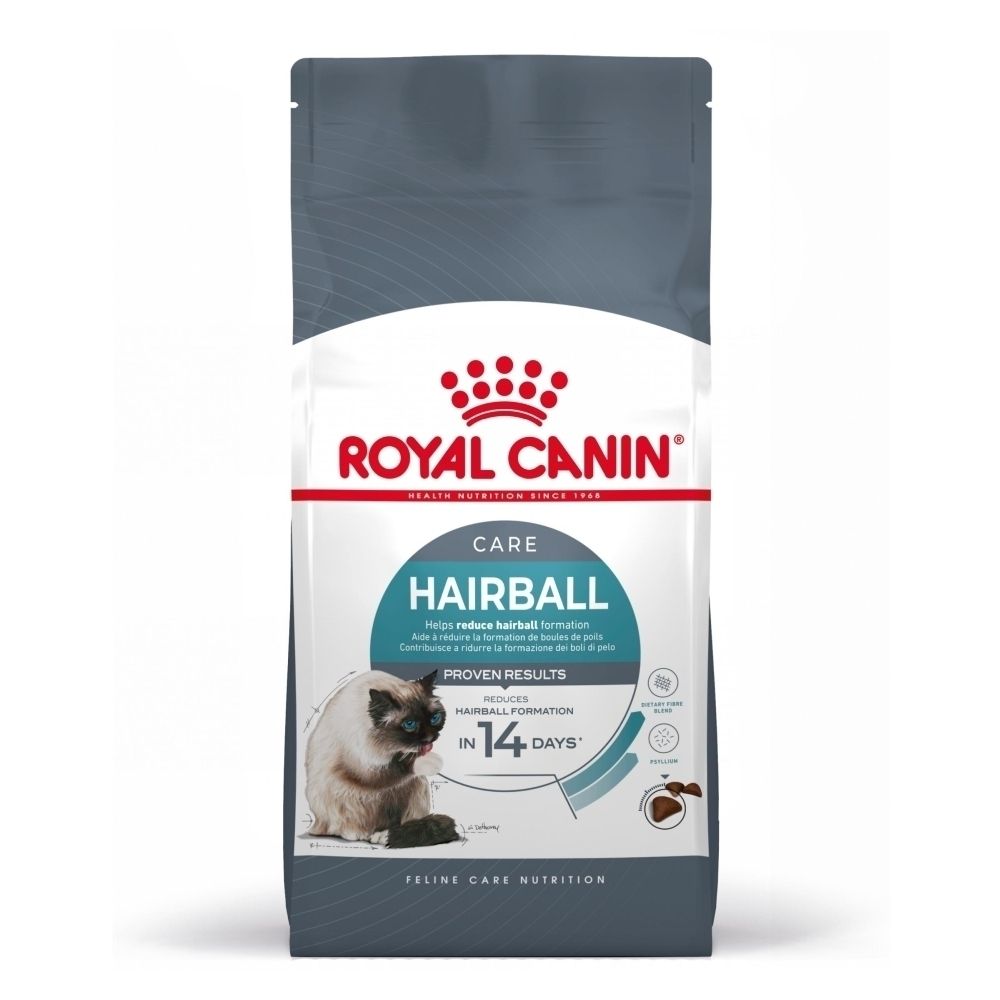 Sac de nourriture Royal Canin Hairball avec un chat et informations sur la réduction des boules de poils en 14 jours.