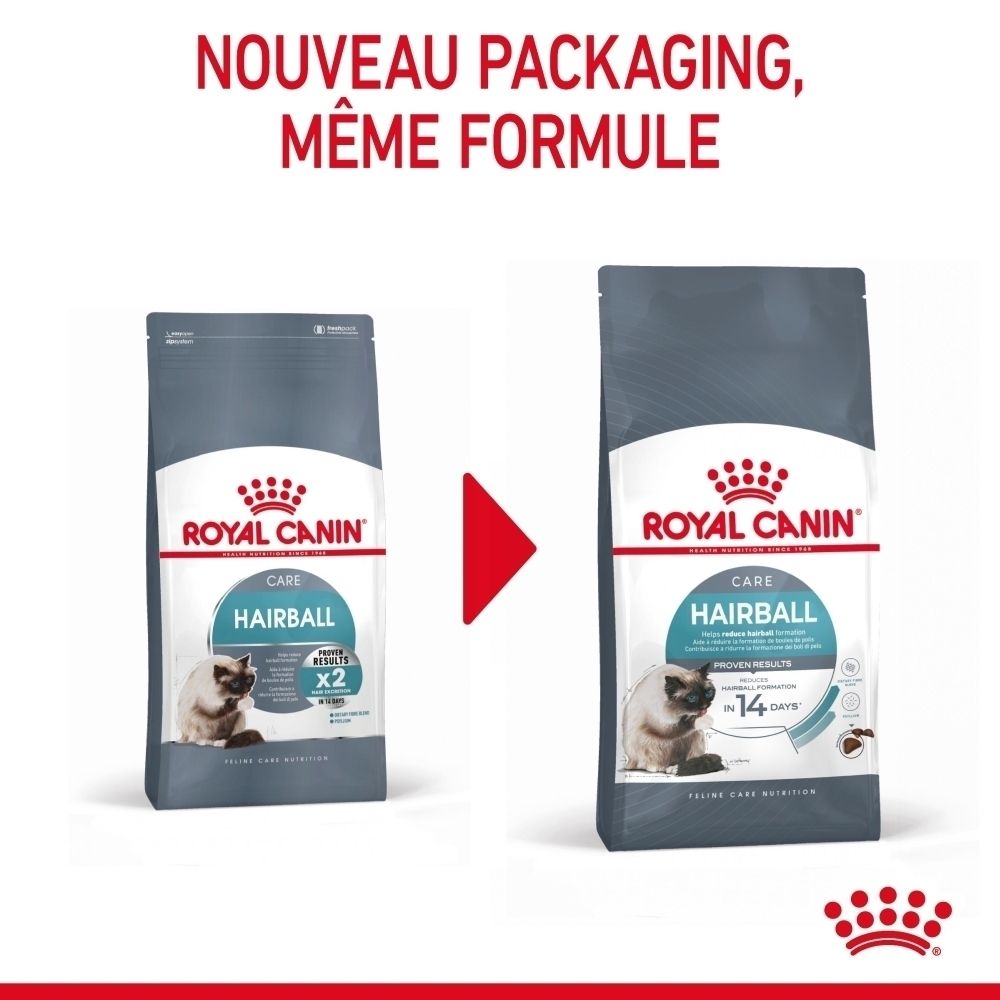 Comparaison de deux emballages Royal Canin Hairball : Nouveau packaging, même formule.