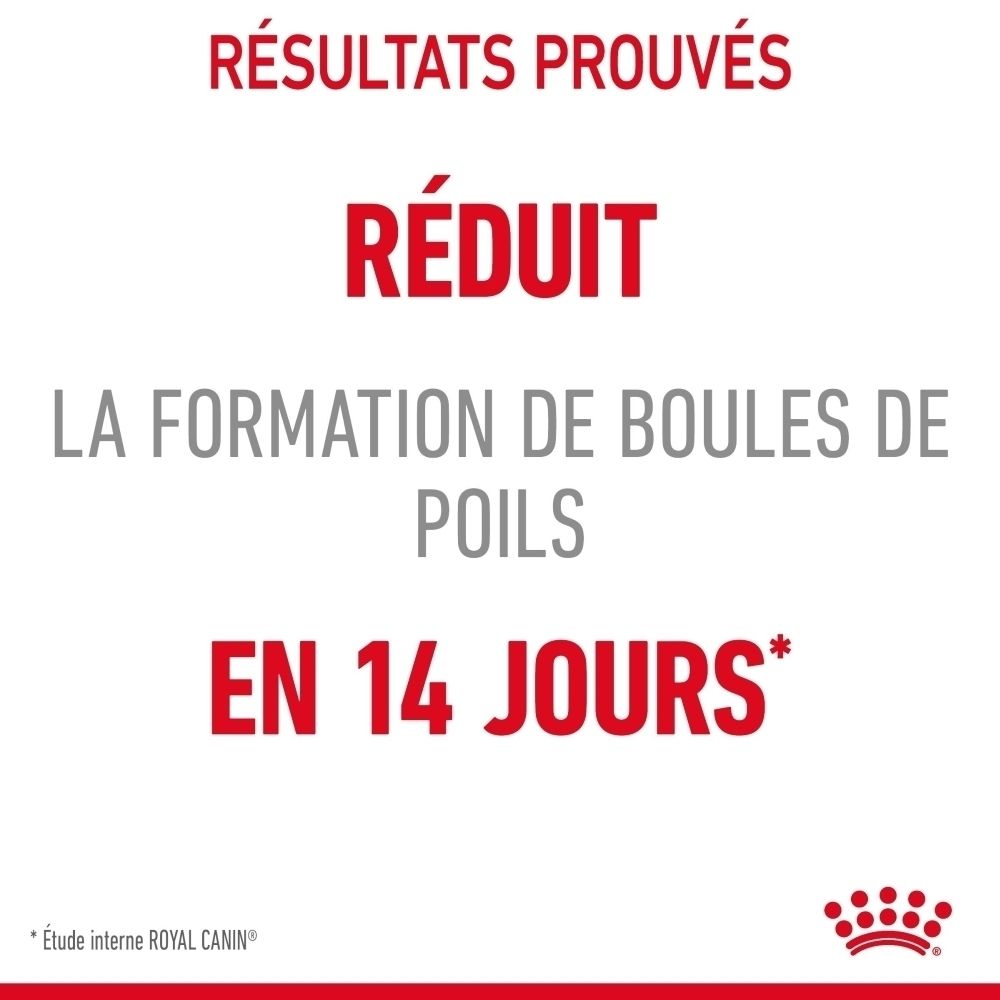 Croquettes Royal Canin Hairball avec psyllium et combinaison de fibres pour réduire la formation de boules de poils.