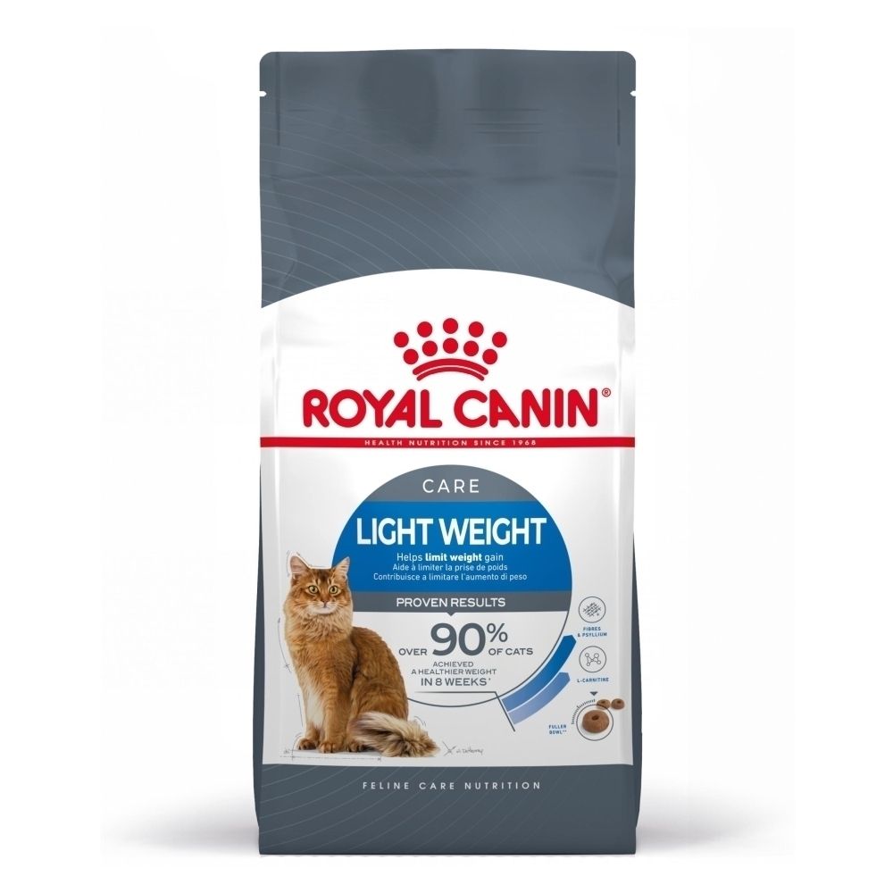 Sac de nourriture pour chat Royal Canin Light Weight avec image de chat et informations produit.