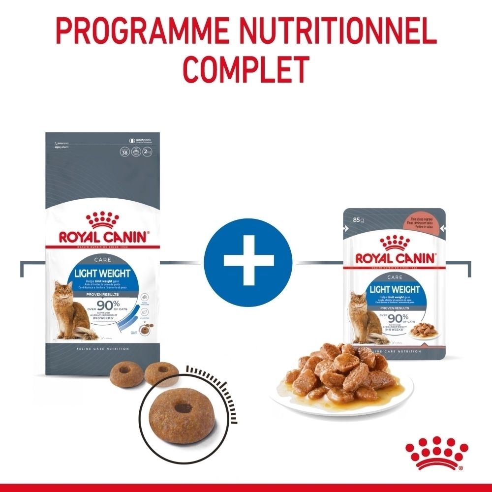 Nourriture Royal Canin Light Weight pour chat : sac de croquettes et coupelle de nourriture humide avec morceaux de viande.