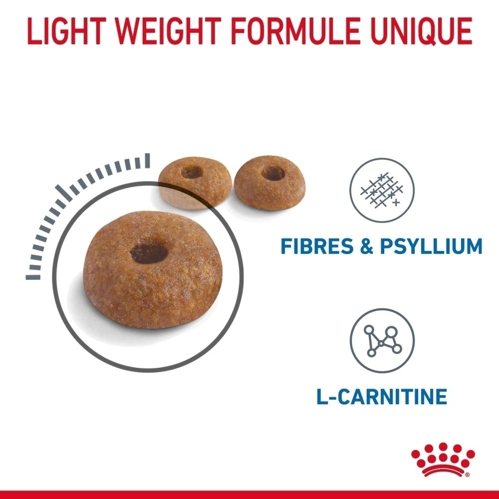 Croquettes rondes pour chien avec fibres et psyllium, L-carnitine.