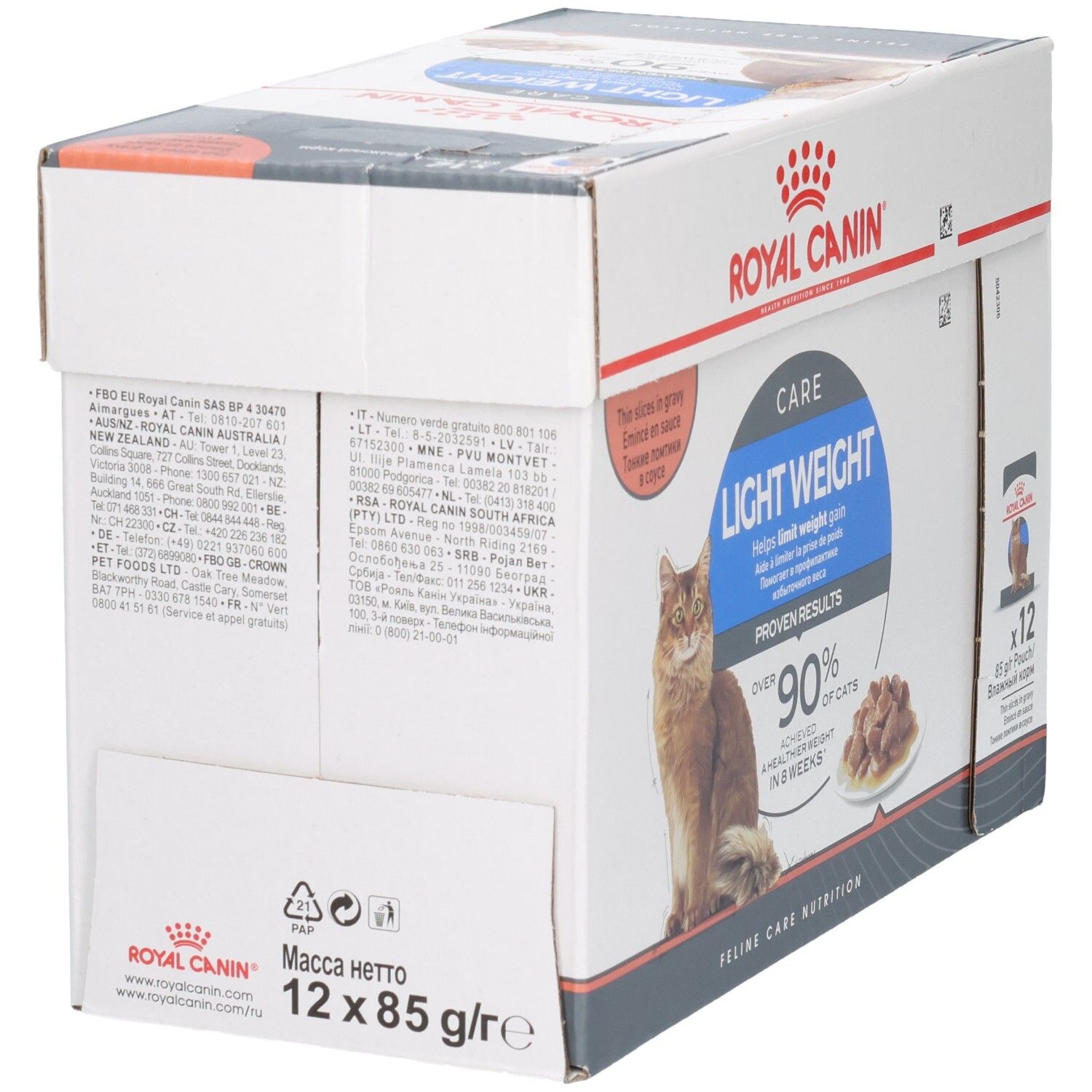 Arrière du Royal Canin Light Weight Care Multipack avec instructions d'alimentation et ingrédients.