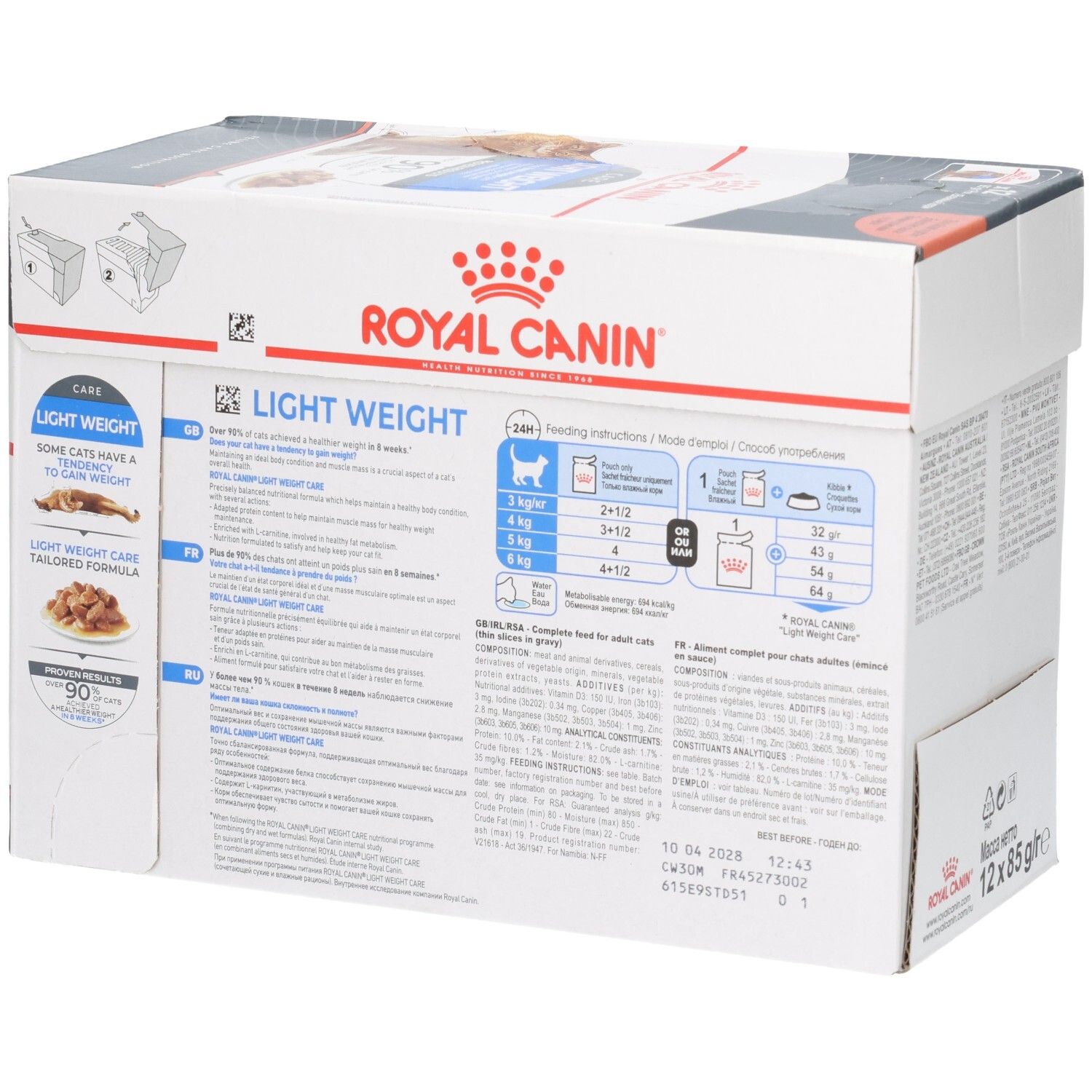 Côté du Royal Canin Light Weight Care Multipack avec tableau d'alimentation et informations produit.