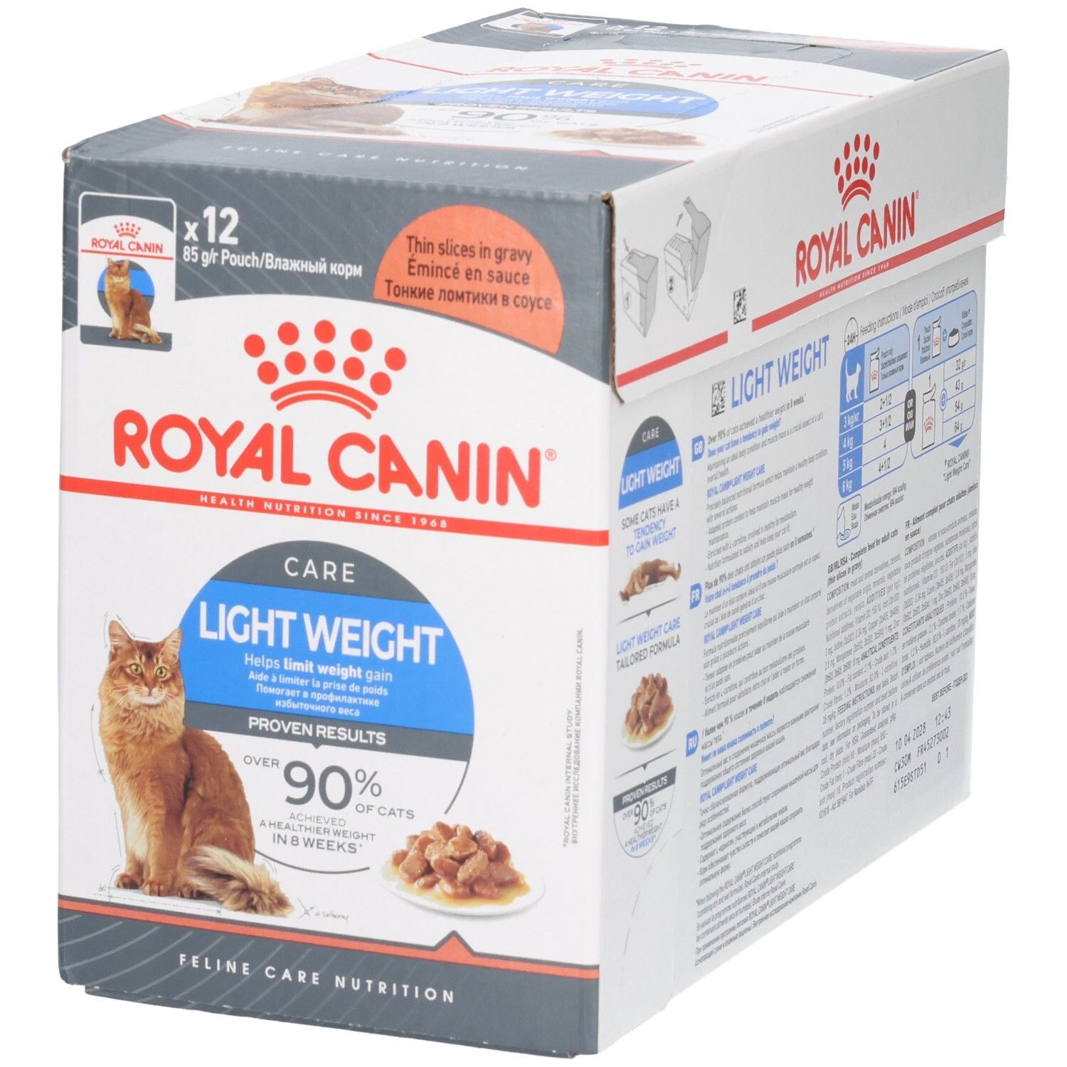 Avant du Royal Canin Light Weight Care Multipack avec chat et portion de nourriture.