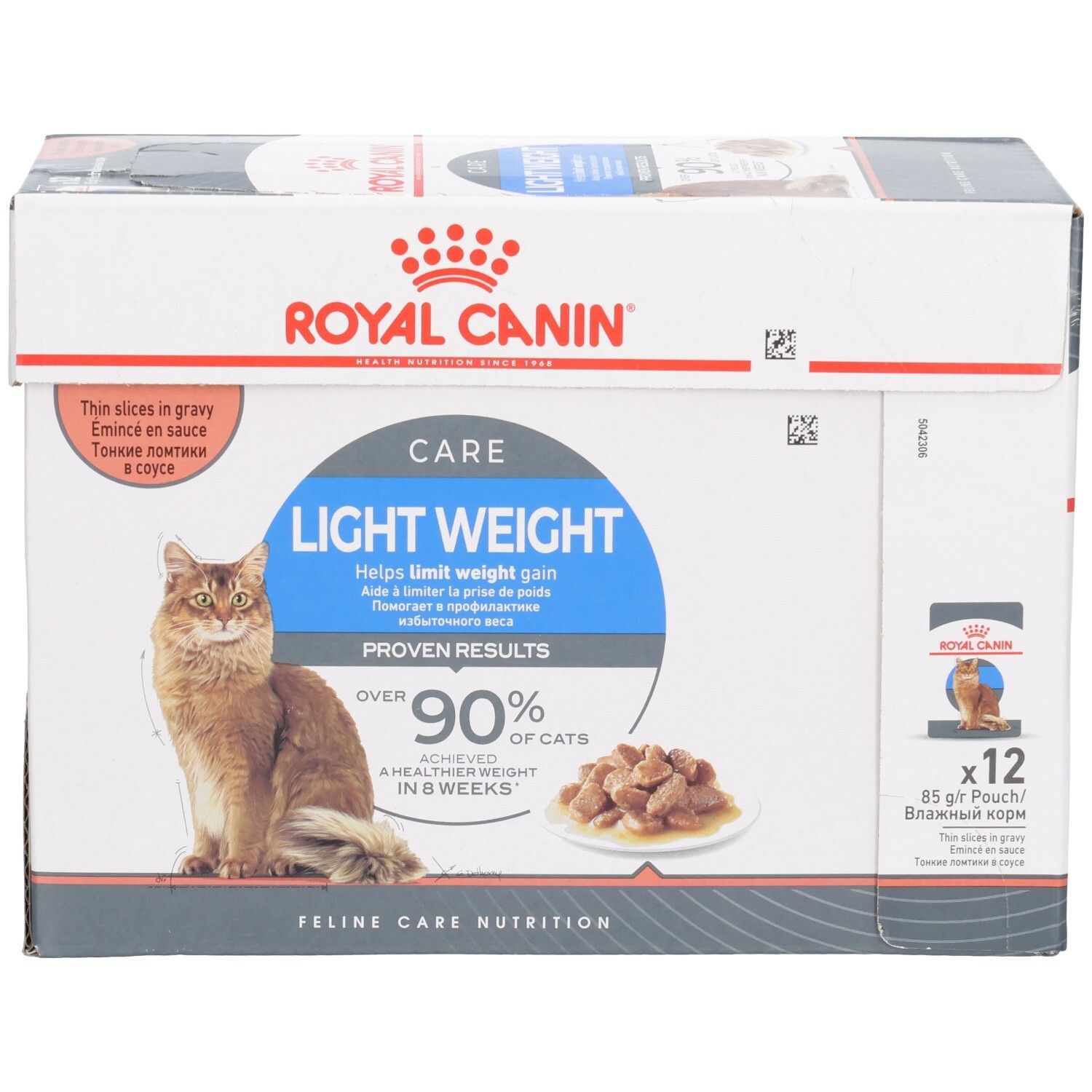 Royal Canin Light Weight Care Multipack: Carton de 12 sachets de 85g de nourriture pour chat en sauce.
