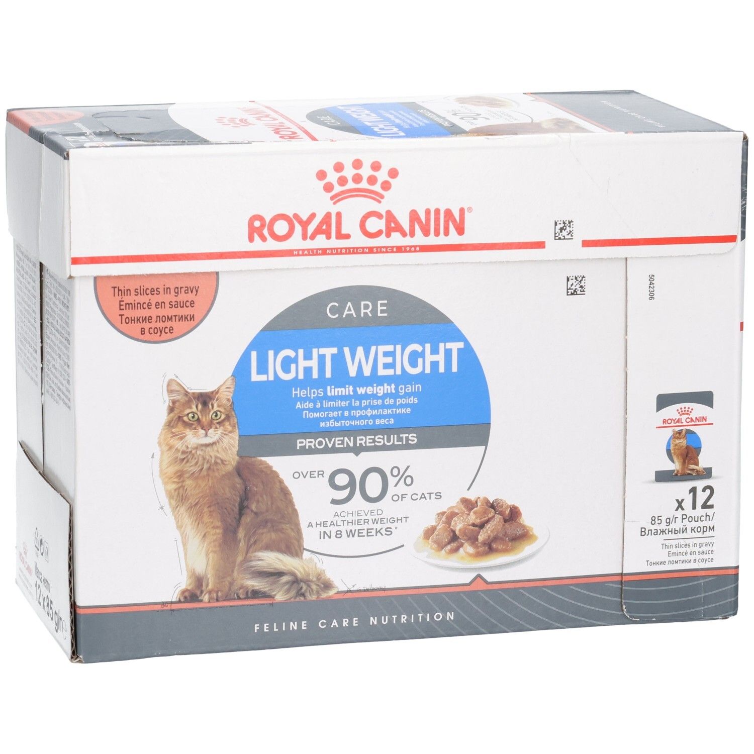 Royal Canin Light Weight Care Multipack: Carton de 12 sachets de 85g de nourriture pour chat en sauce.
