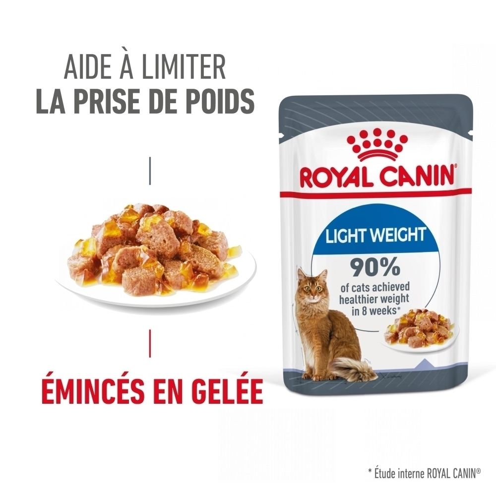 Nourriture pour chat Royal Canin Light Weight en gelée. Sachet avec chat et nourriture.