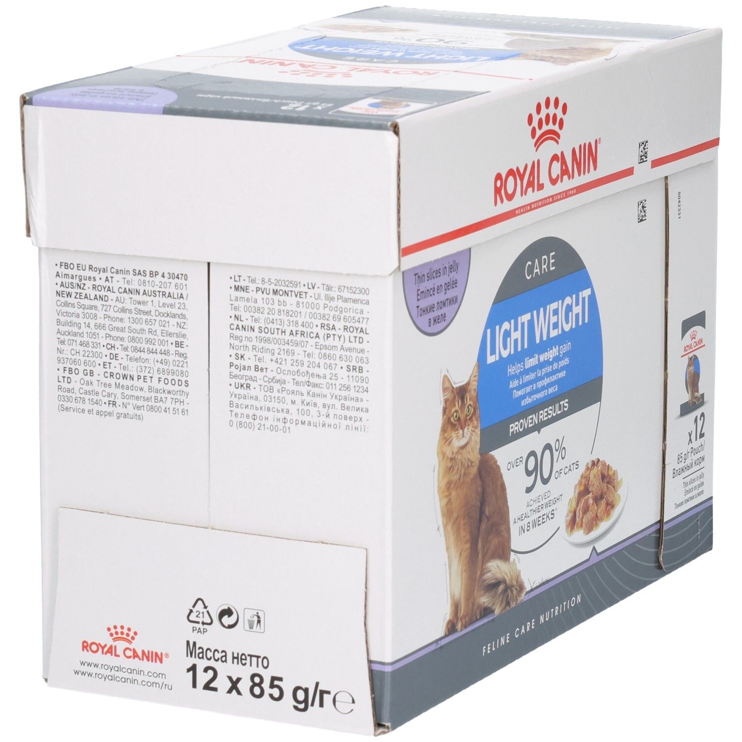 Arrière du Royal Canin Feline Light Weight Care Multipack avec informations produit et adresses.