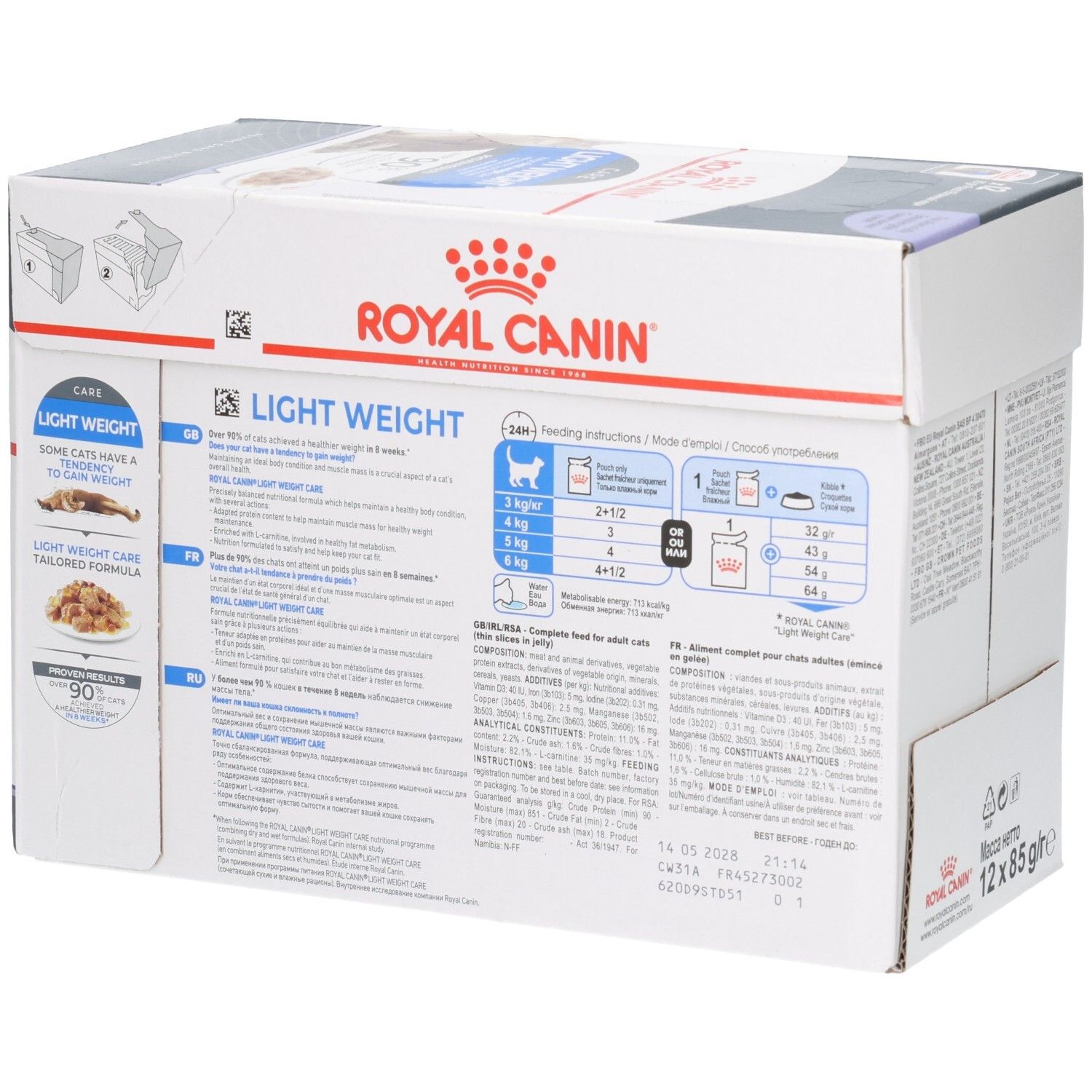 Côté du Royal Canin Feline Light Weight Care Multipack avec recommandations alimentaires et ingrédients.