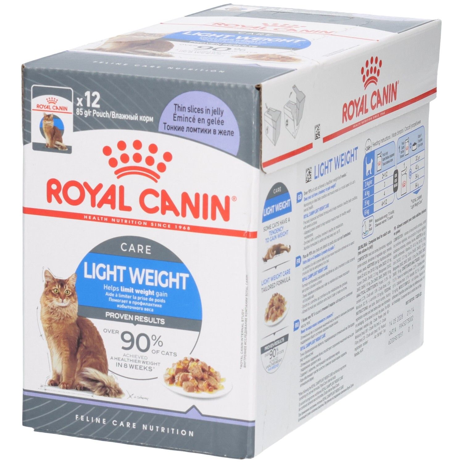 Avant du Royal Canin Feline Light Weight Care Multipack avec chat et image de nourriture.