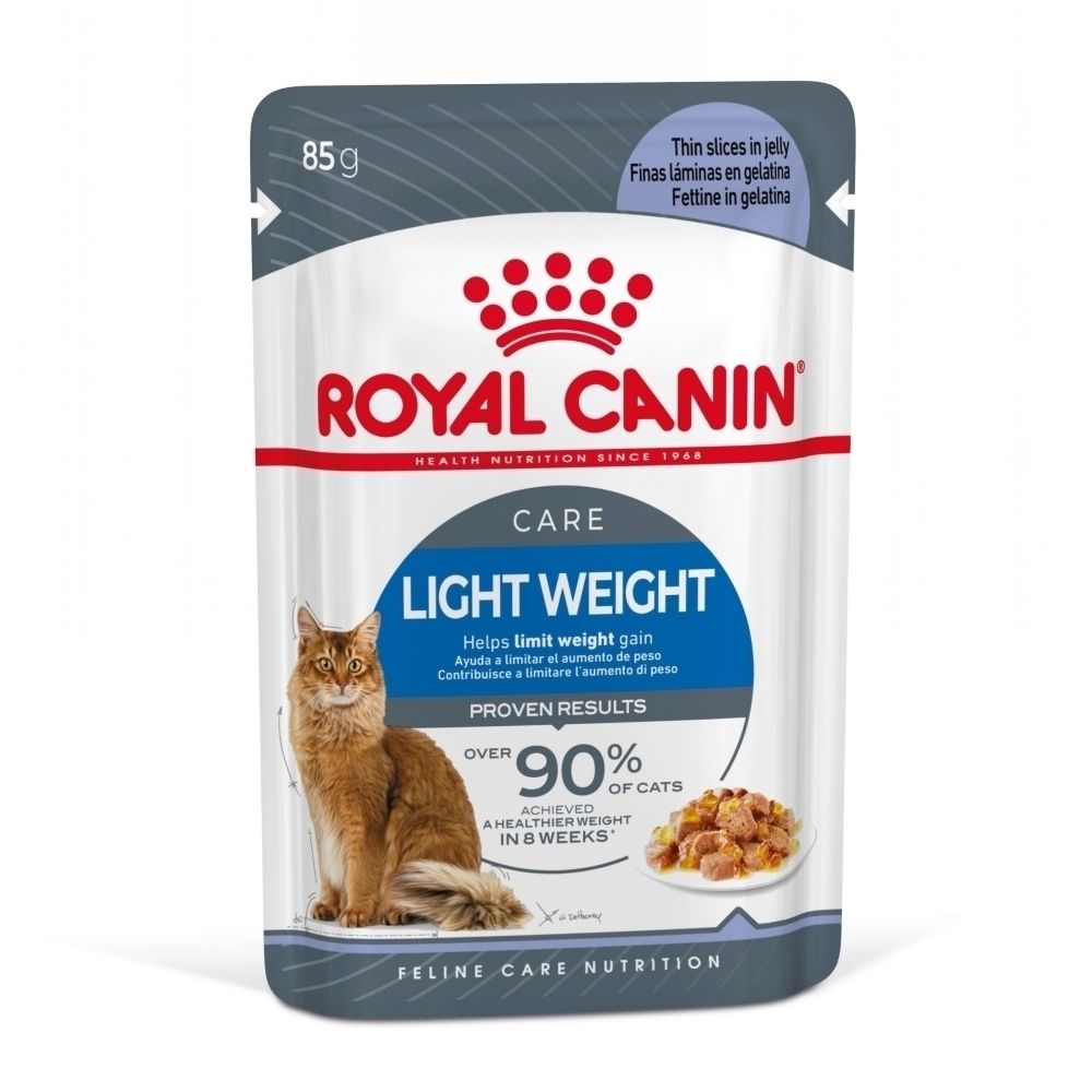 Sachet de nourriture pour chat Royal Canin Light Weight, 85g. Fines lamelles en gelée.