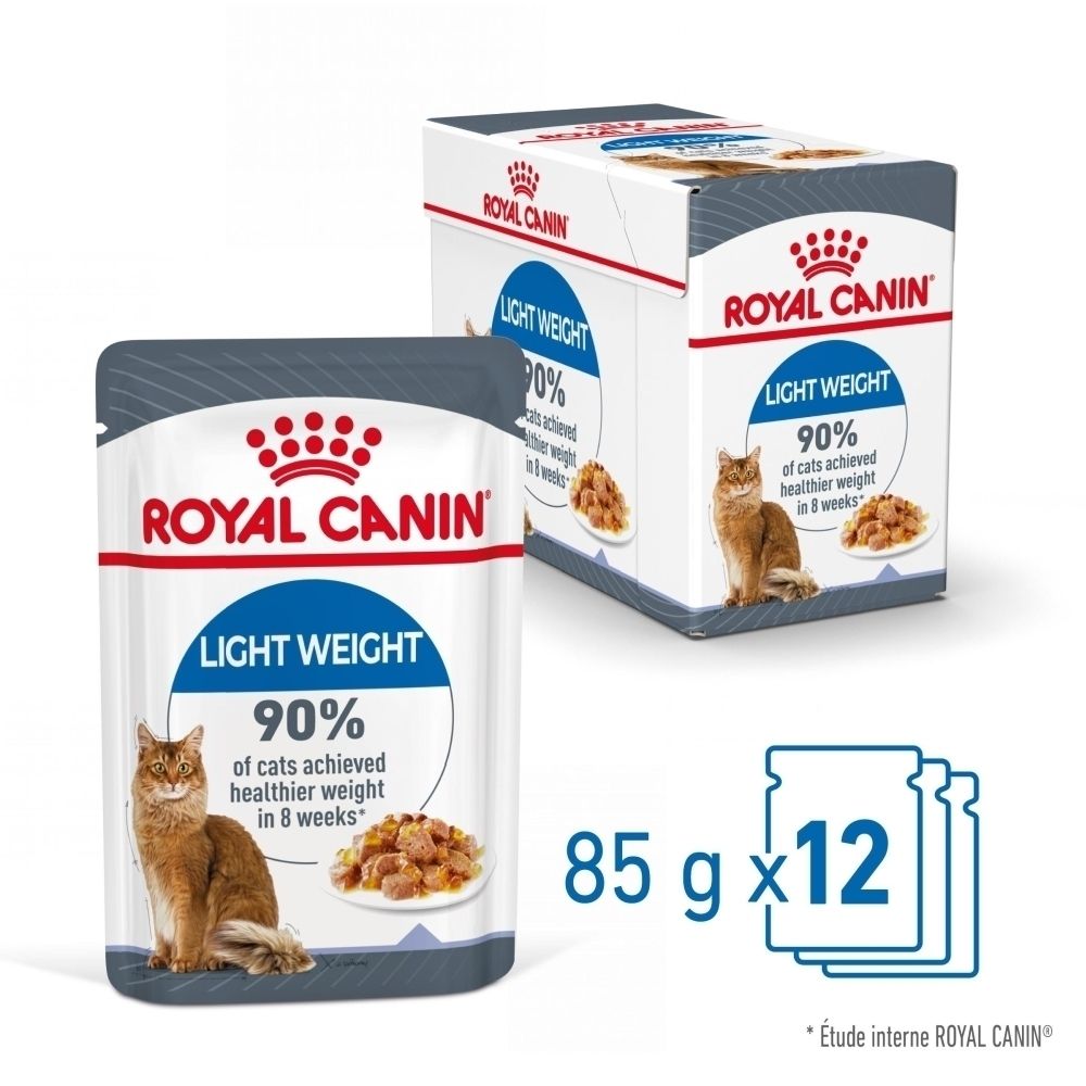 Sachets de nourriture pour chat Royal Canin Light Weight, 12x85g. Montre un chat et de la nourriture. Indique '90% of cats achieved healthier weight in 8 weeks'.