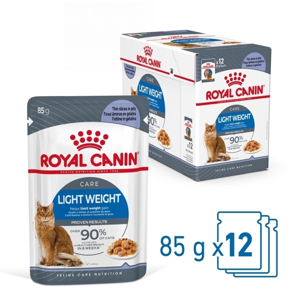Sachet et boîte de nourriture pour chat Royal Canin Light Weight, 85g par sachet, pack de 12.