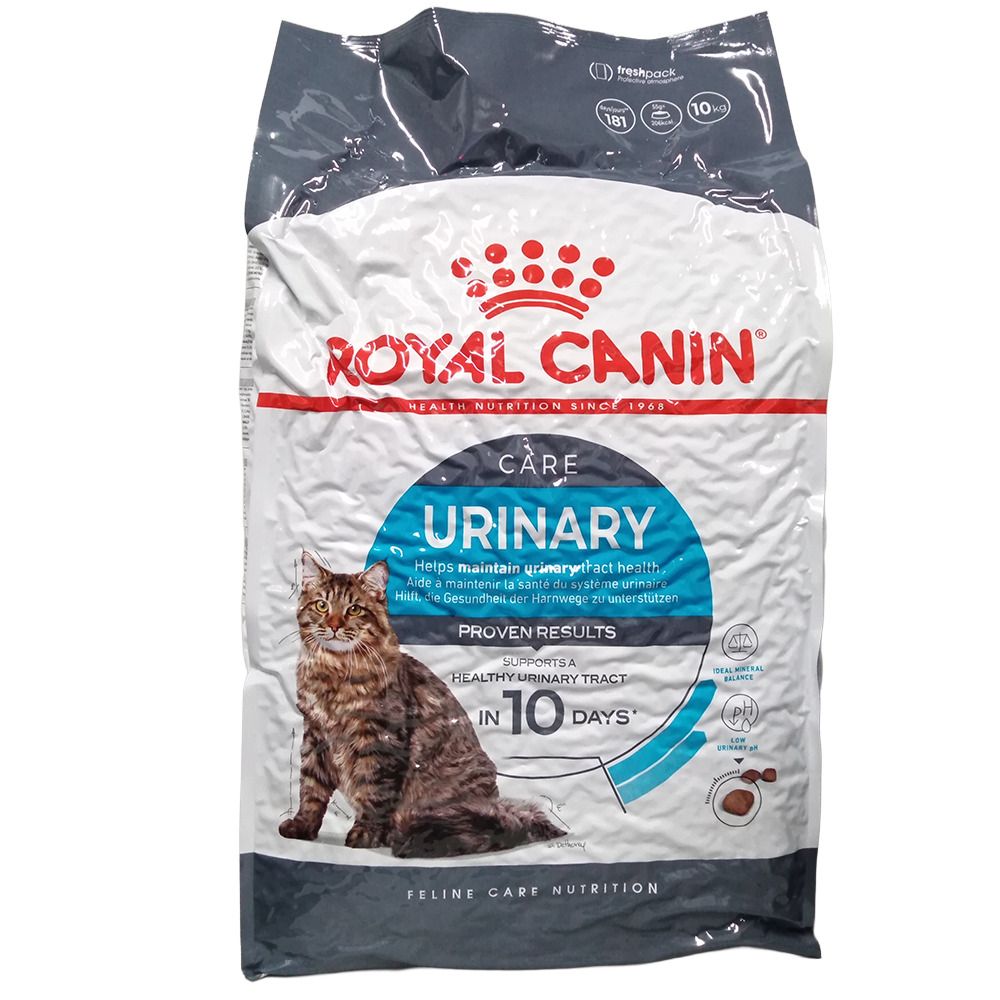 Sac de nourriture pour chat Royal Canin Urinary Care avec chat et informations produit.