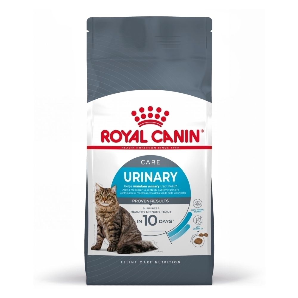 Sac de croquettes Royal Canin Urinary Care avec un chat et des informations produit.