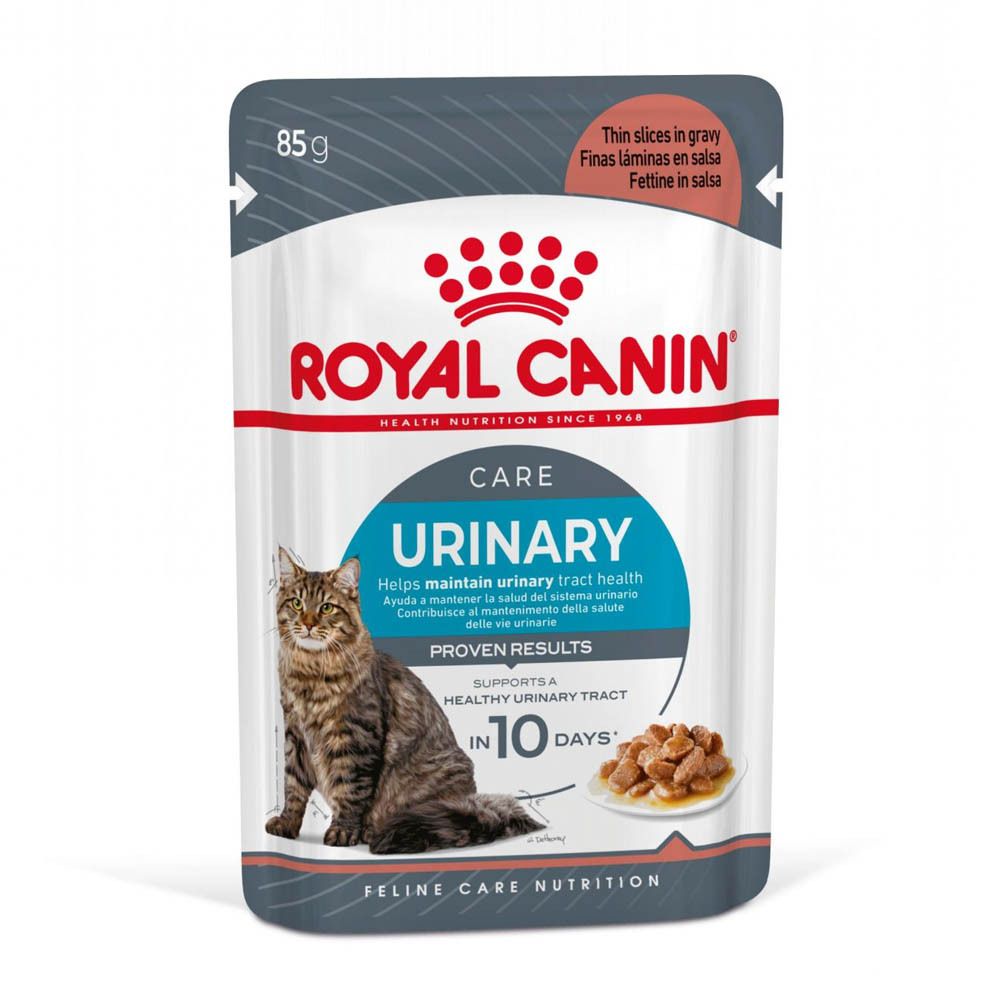 Sachet Royal Canin Urinary Care pour chat (85g). Image de chat et nourriture. Soutient les voies urinaires.