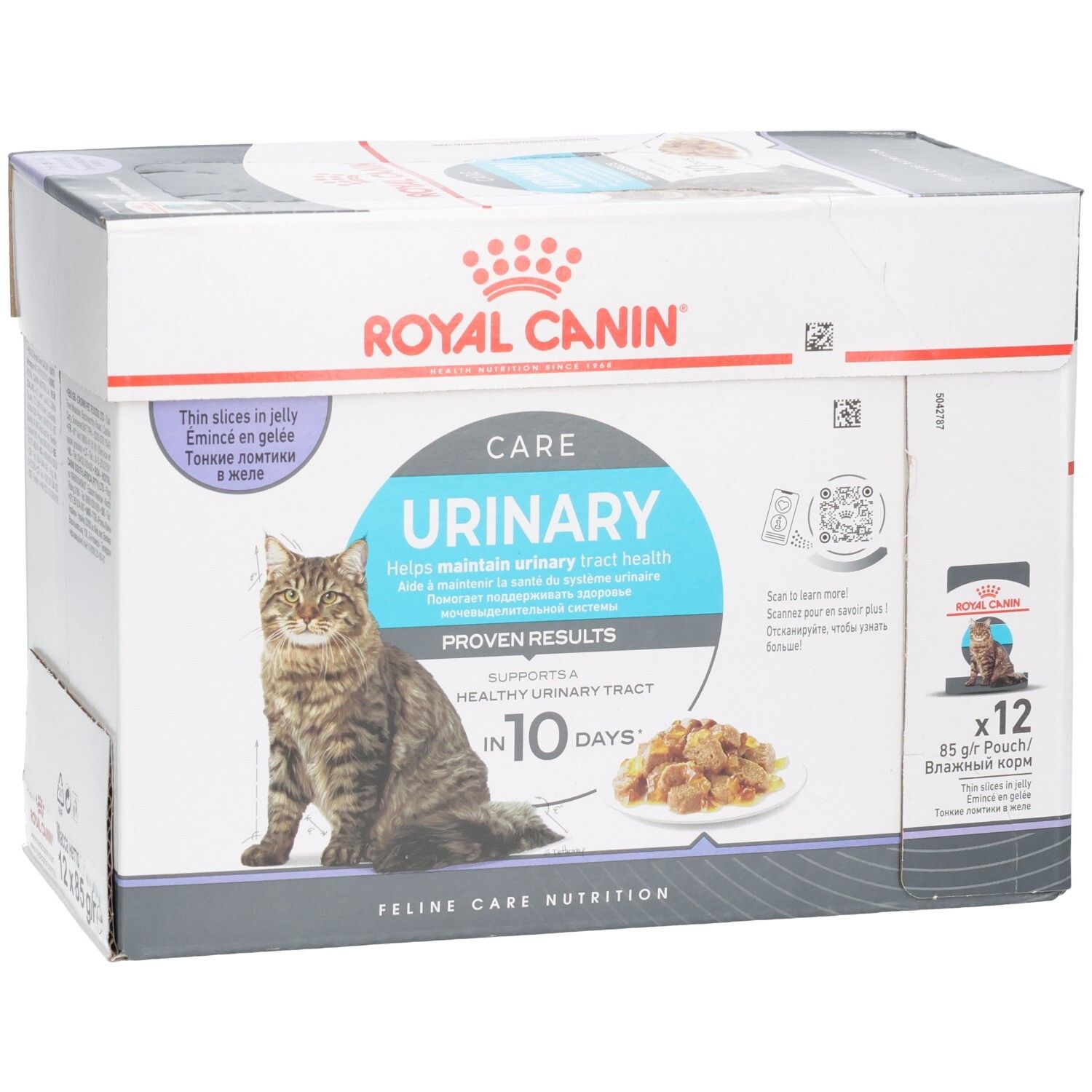 Boîte de nourriture Royal Canin Urinary Care pour chats, 12x 85g sachets, mettant en avant l'image du produit et le logo.