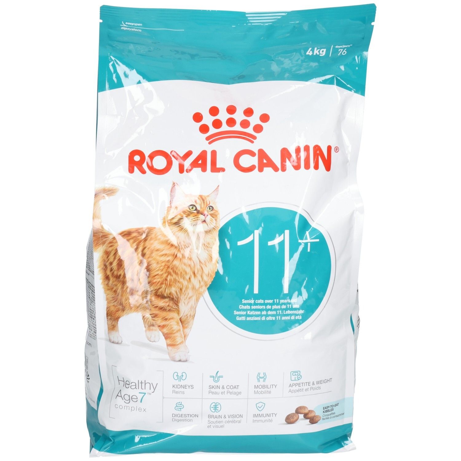 Sacs de nourriture pour chats Royal Canin AGEING 11+, 4kg, avec un chat et des informations produit.