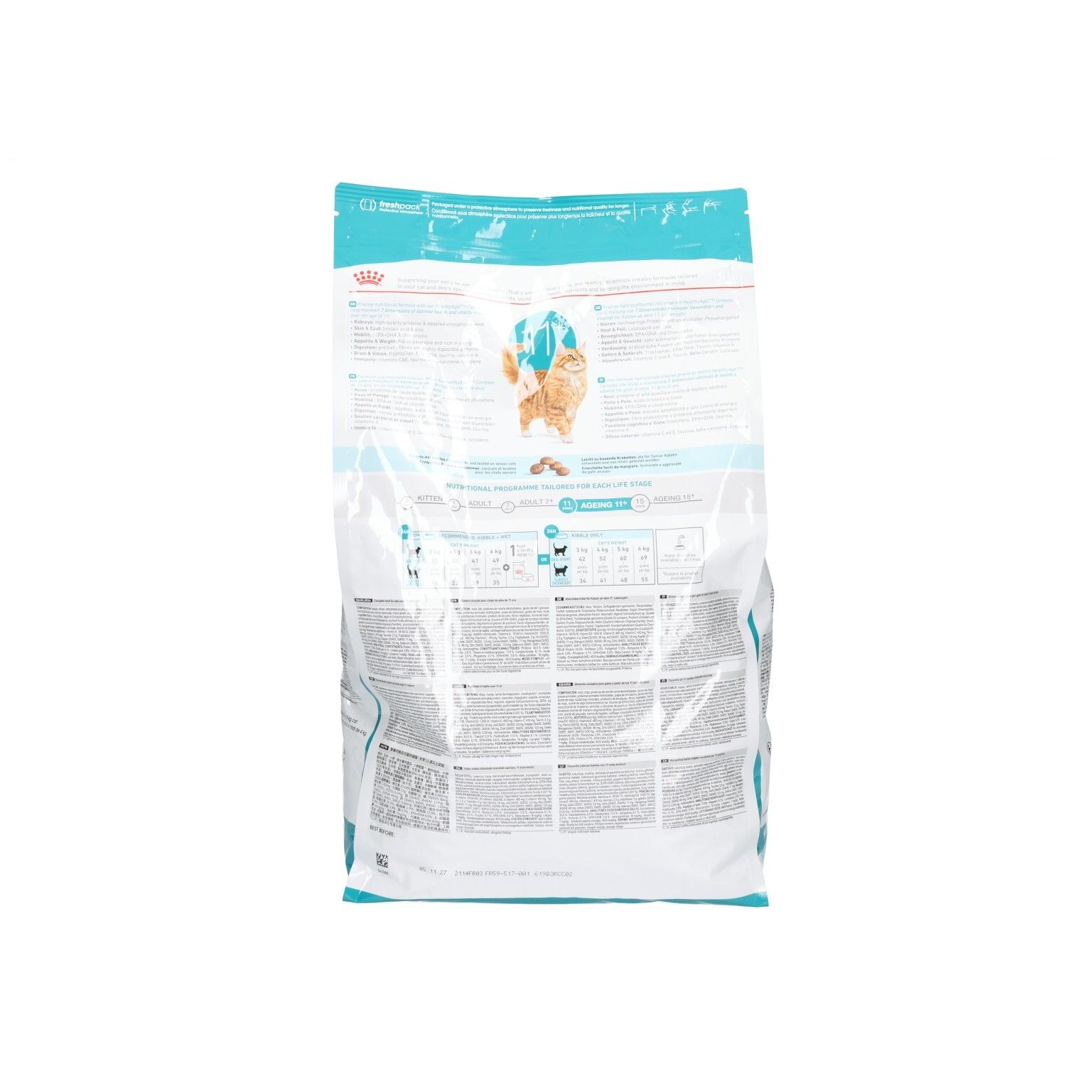 Arrière du sac de nourriture pour chats Royal Canin AGEING 11+, 4kg, avec informations détaillées.
