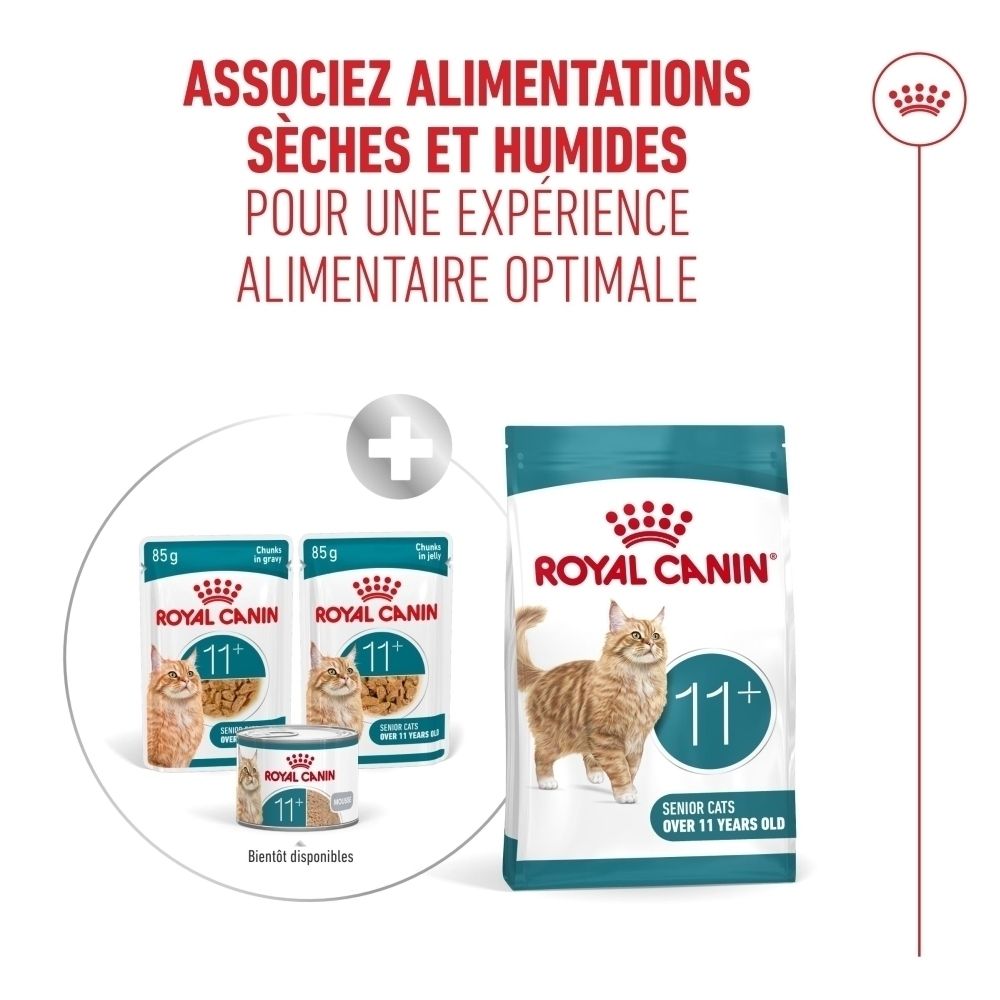 Royal Canin 11+ senior : associer alimentation sèche et humide.