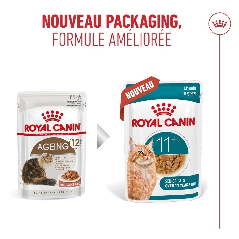 Royal Canin 11+ senior : comparaison ancien et nouveau packaging.
