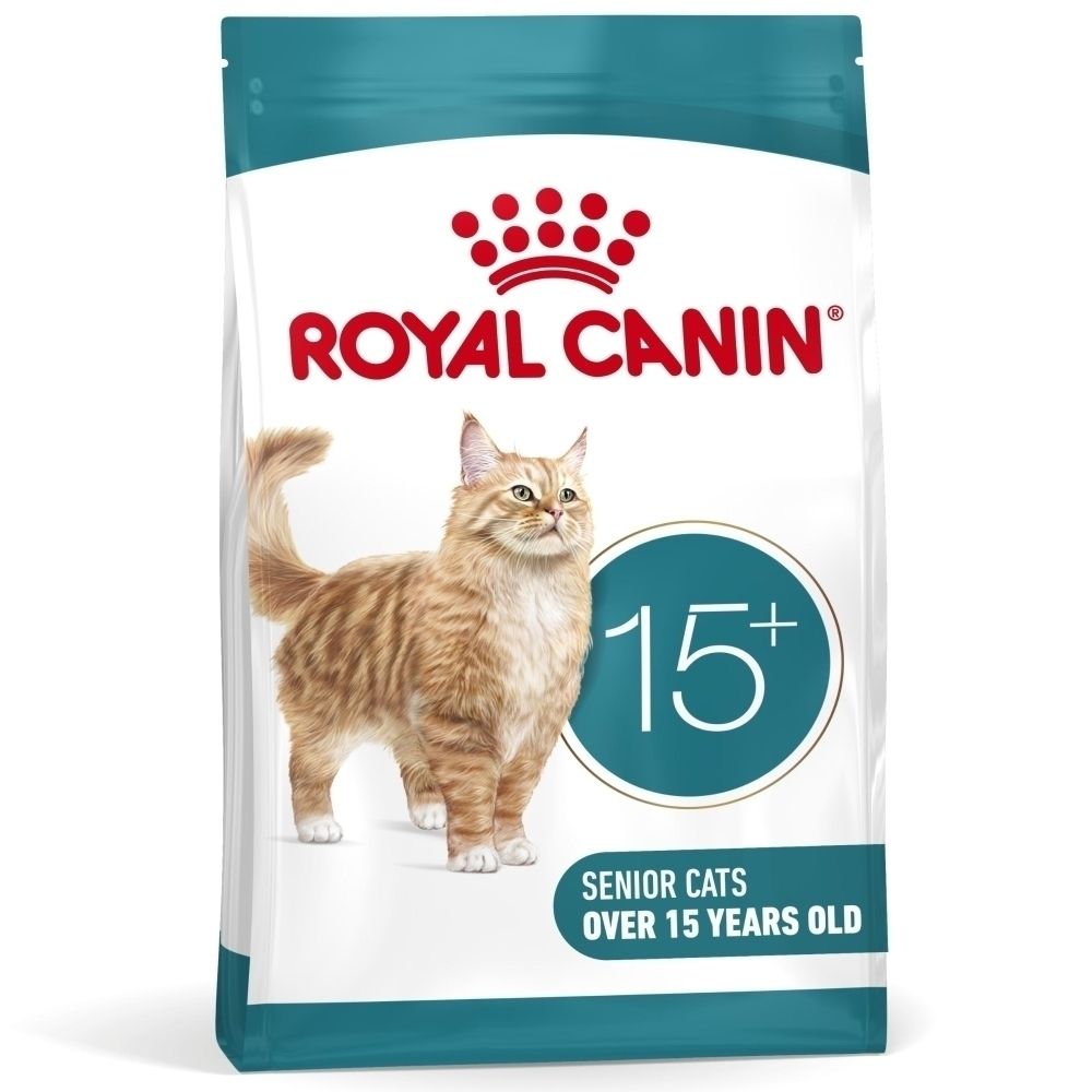 Avant d'un sac de nourriture Royal Canin FHN AGEING 15+ avec image d'un chat roux et indication d'âge.