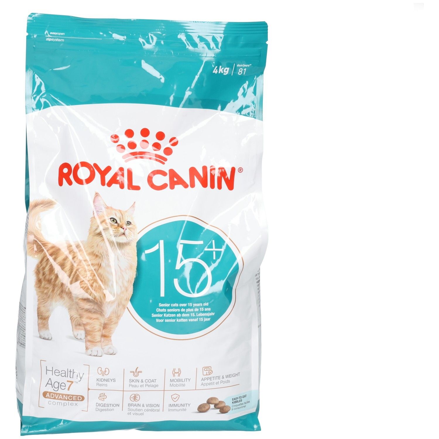 Sacs de nourriture pour chats Royal Canin AGEING 15+, 4kg, avec image de chat et informations produit.