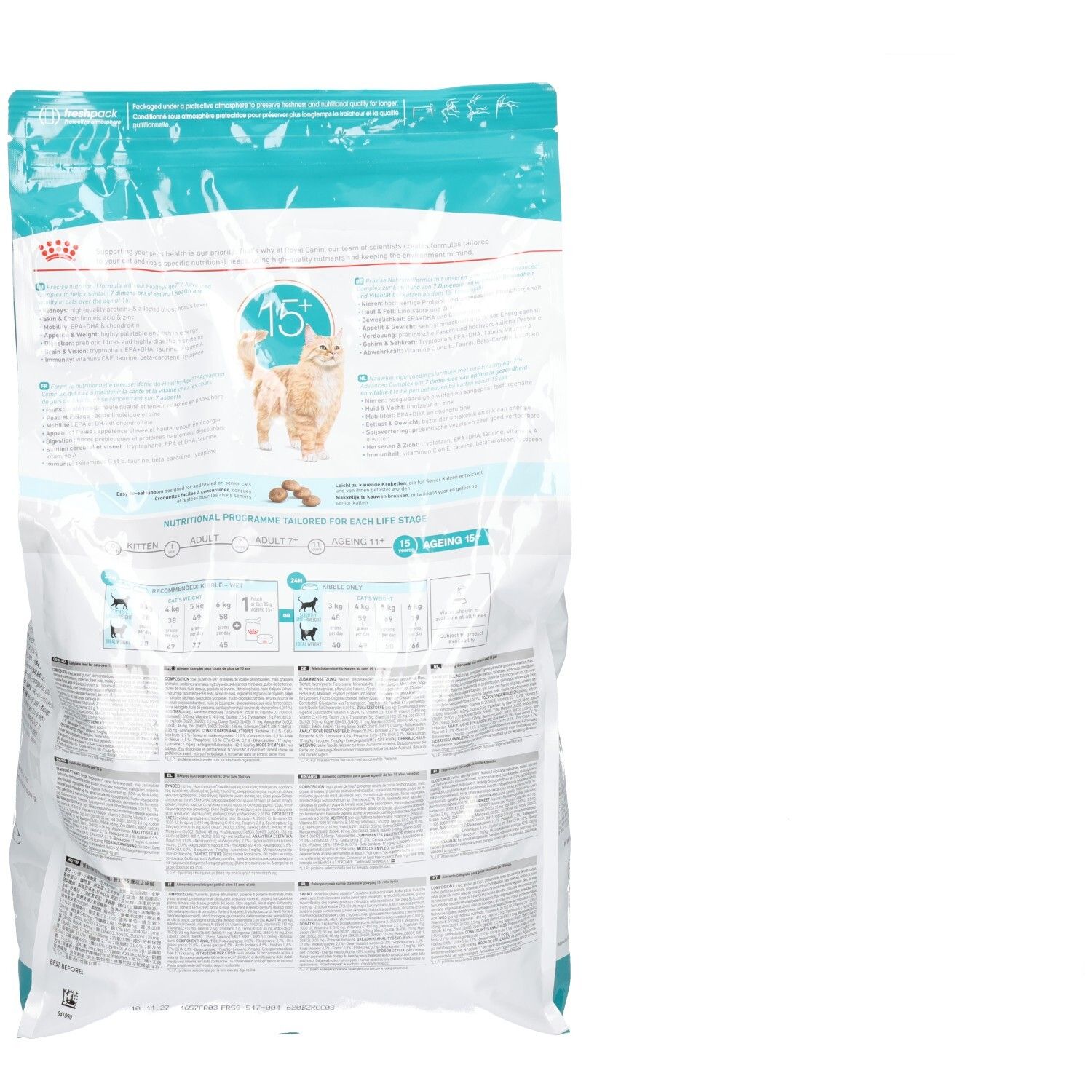 Dos du sac de nourriture pour chats Royal Canin AGEING 15+ (4kg) avec détails nutritionnels et instructions.