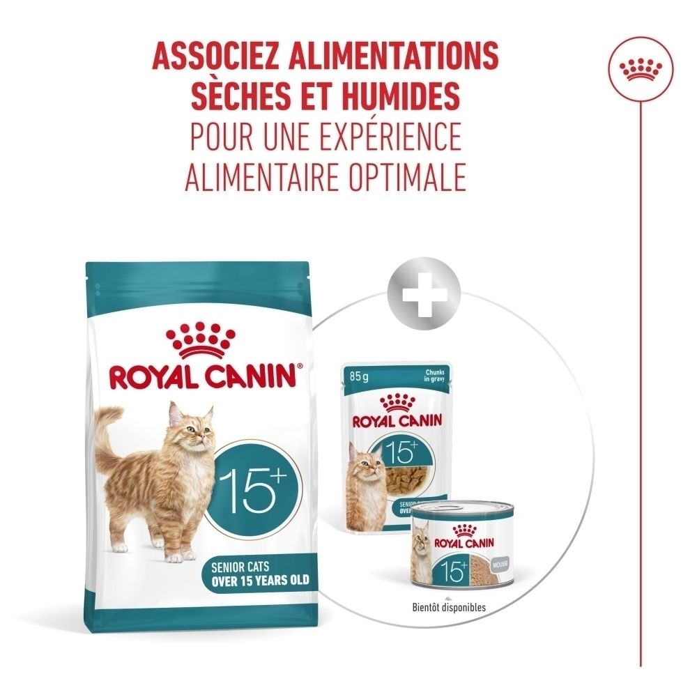 Illustration de la combinaison d'aliments secs et humides pour chats, avec images produit et symbole plus.