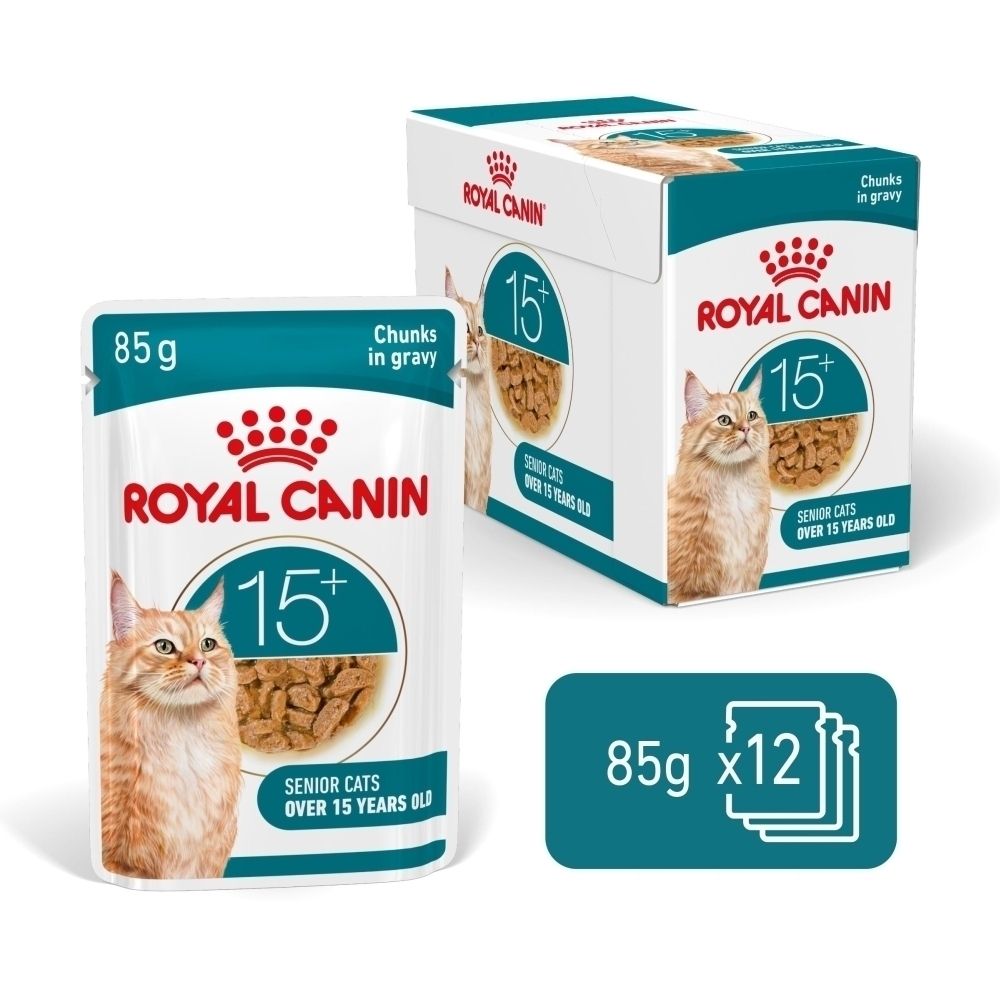 Nourriture Royal Canin 15+, sachet de 85g avec morceaux en sauce.