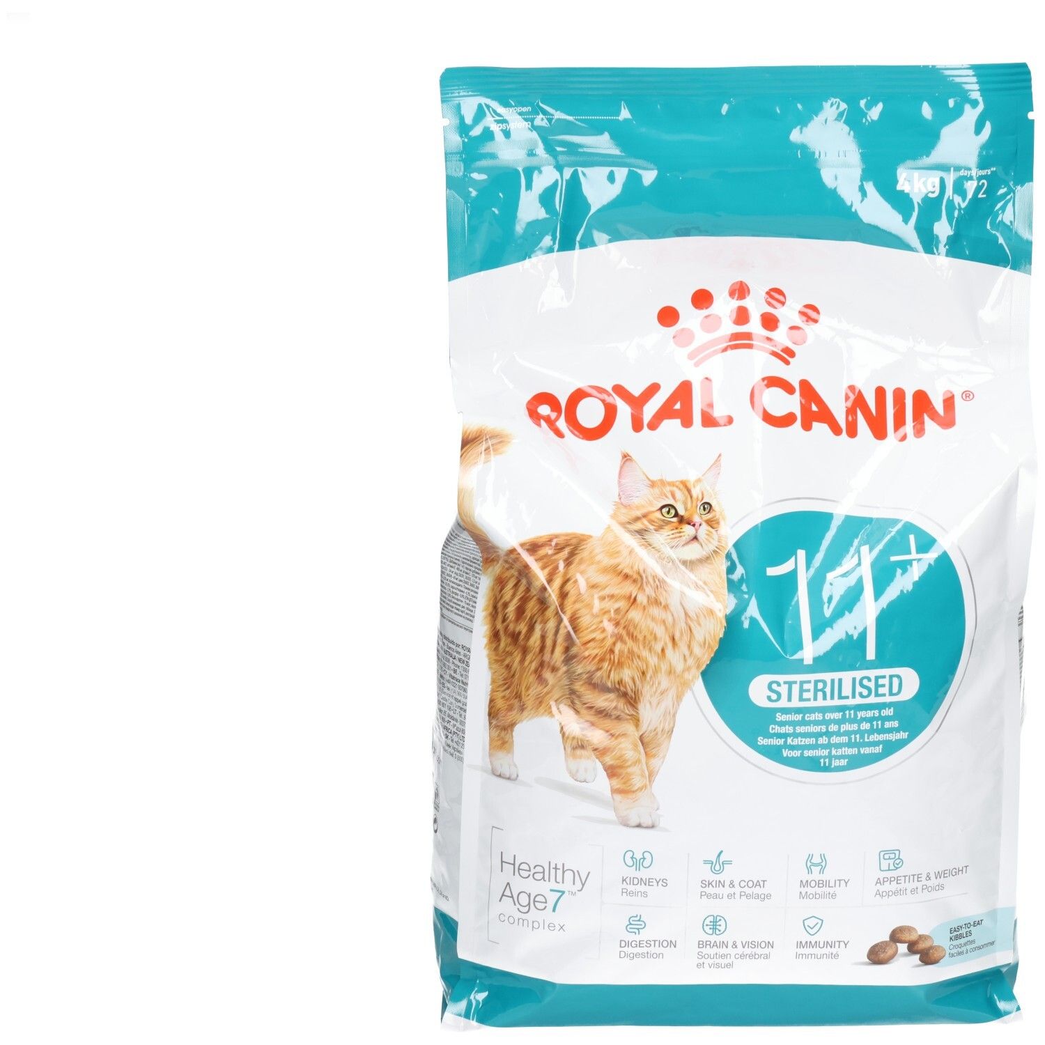Sac de croquettes Royal Canin FHN AGEING STERILISED 11+ 4kg avec un chat et des informations produit.