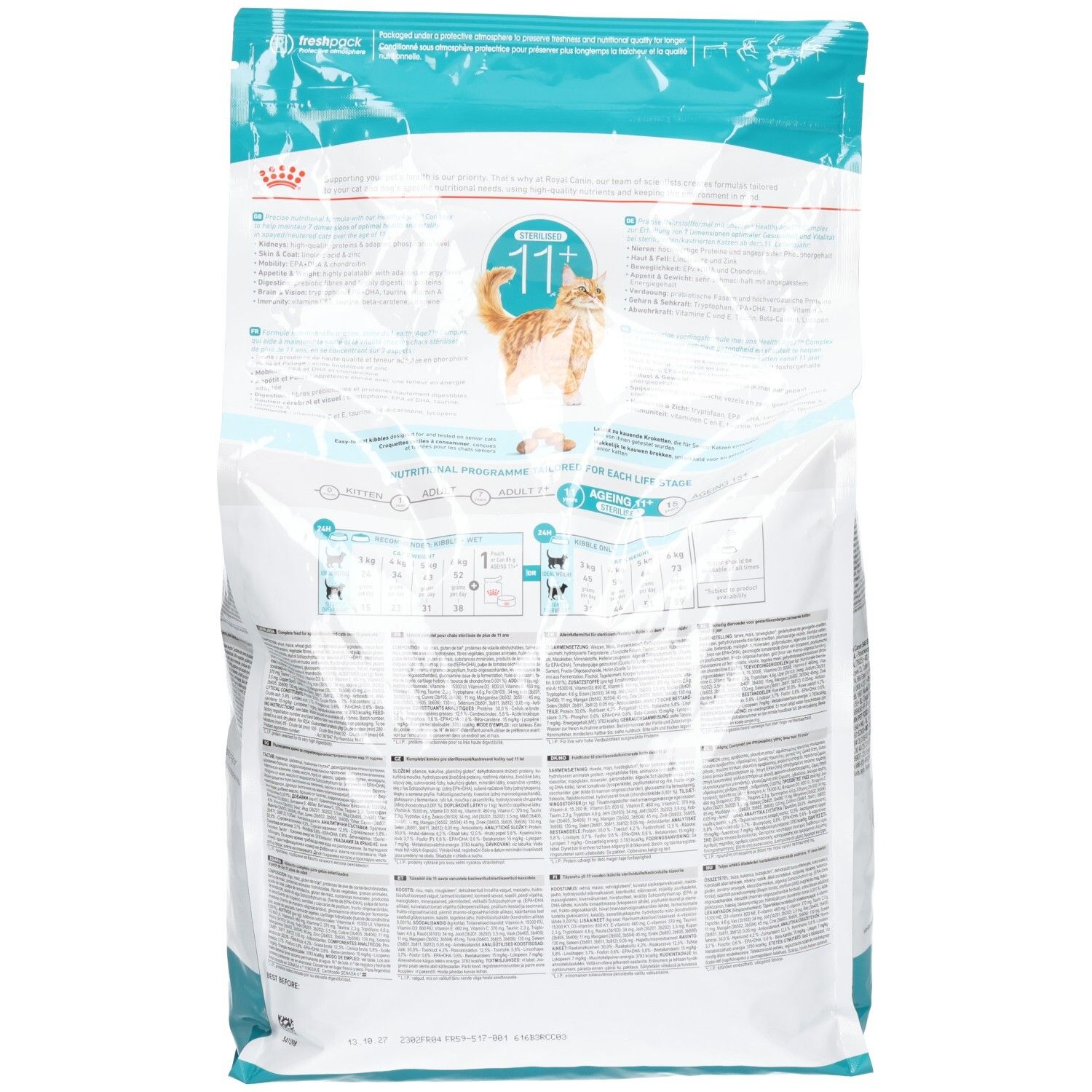 Dos du sac de croquettes Royal Canin FHN AGEING STERILISED 11+ 4kg avec des informations détaillées.