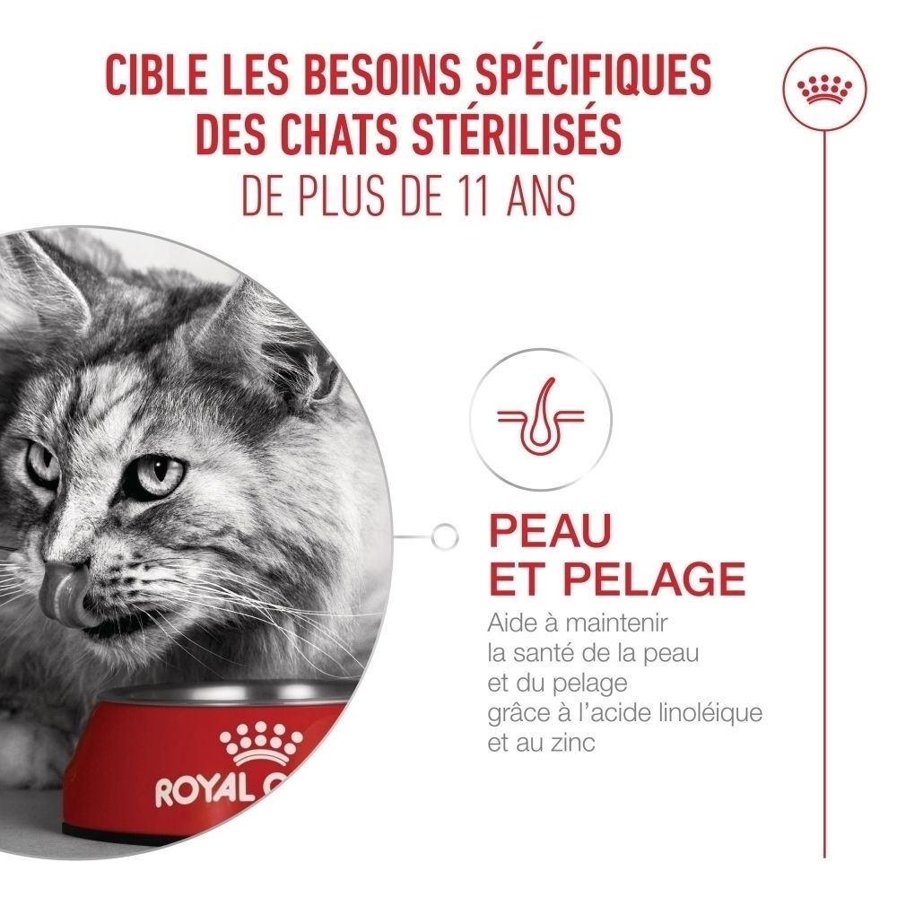 Emballage Royal Canin FHN AGEING STERILISED 11+ 4kg, focus peau et pelage pour chats âgés.