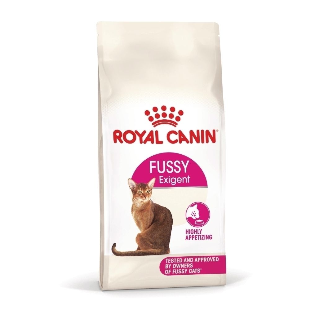 Sachet de nourriture pour chats Royal Canin Fussy Exigent avec un chat Abyssin et le texte "Highly Appetizing".