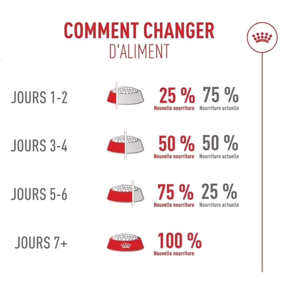 Guide de transition alimentaire: Jours 1-2 (25% nouveau, 75% actuel), Jours 3-4 (50% nouveau, 50% actuel), Jours 5-6 (75% nouveau, 25% actuel), Jour 7+ (100% nouveau).