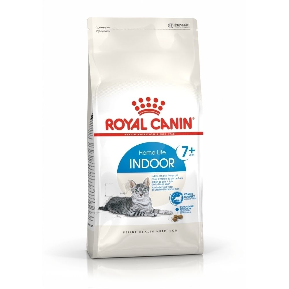Sac Royal Canin Indoor 7+ avec complexe vitalité et taille de croquette adaptée.