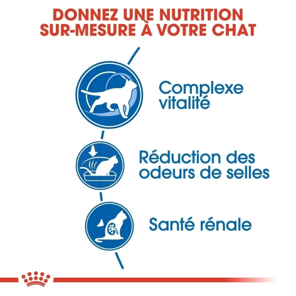 Sac Royal Canin Indoor 7+ avec informations sur la vitalité, les odeurs et les reins.